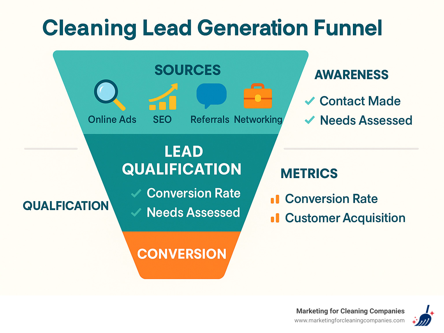 Infographic showing the cleaning lead generation funnel from awareness to conversion, including online sources like Google Ads and SEO, offline tactics like referrals and networking, lead qualification steps, and conversion tracking metrics - best leads for cleaning services infographic