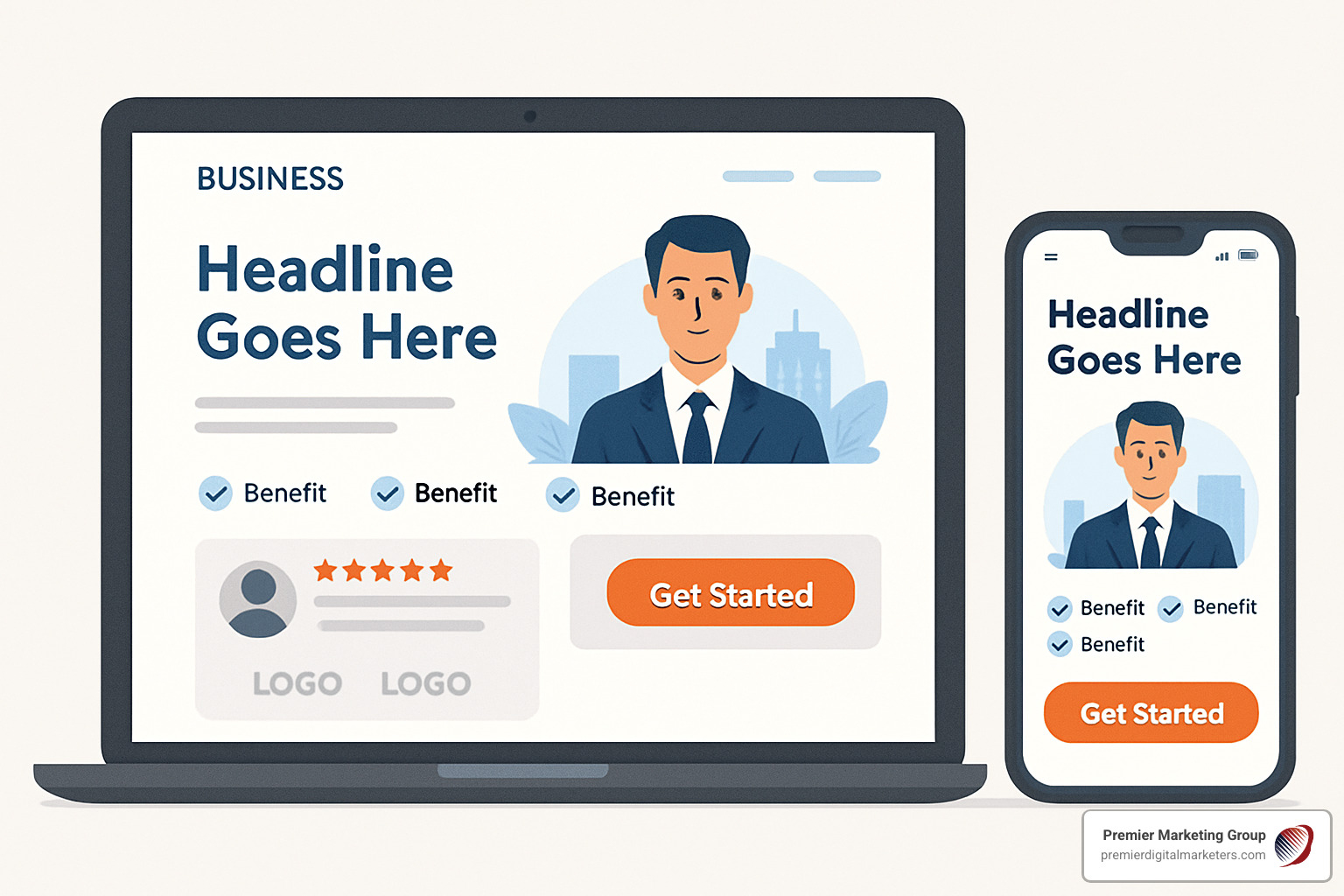 Ideal landing page layout showing headline, hero image, benefits, social proof, and call-to-action placement above the fold - Custom landing page design