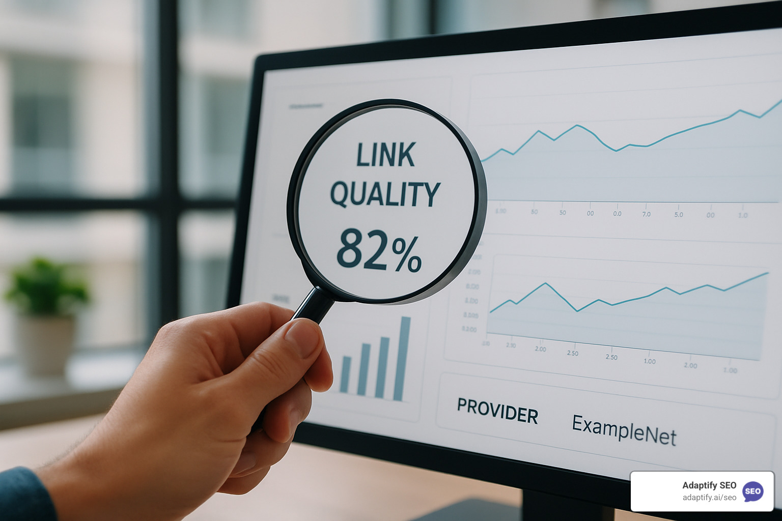 Magnifying glass examining link quality metrics and provider credentials - white label link building