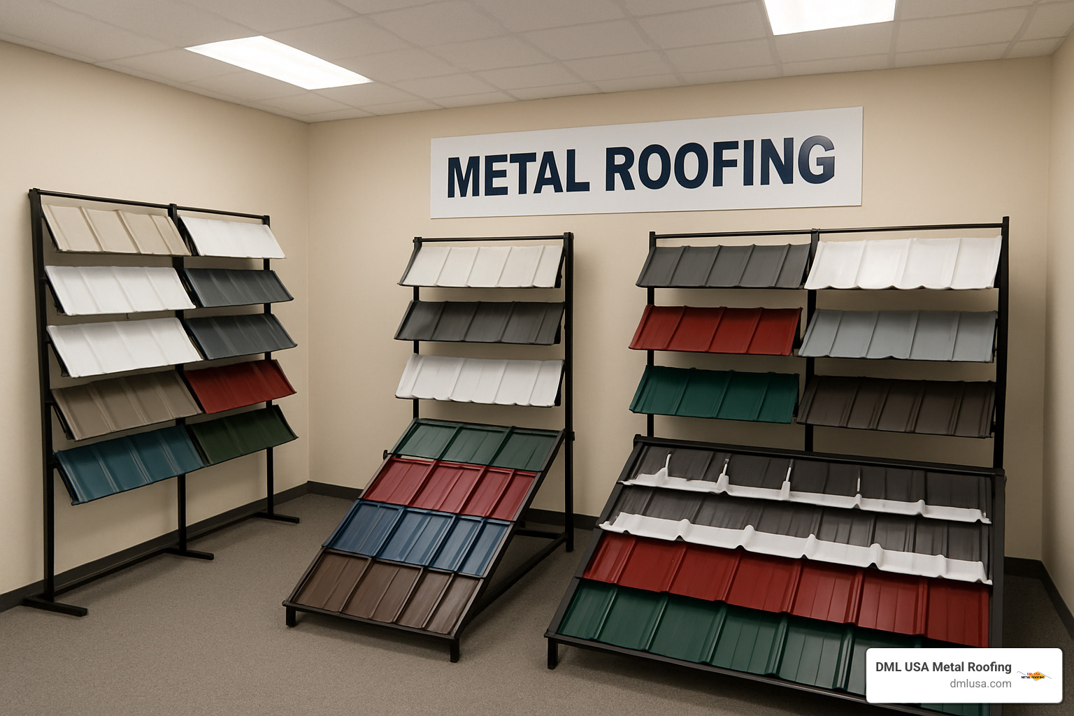 metal roofing showroom display with various panel profiles and colors - metal roof wholesale near me