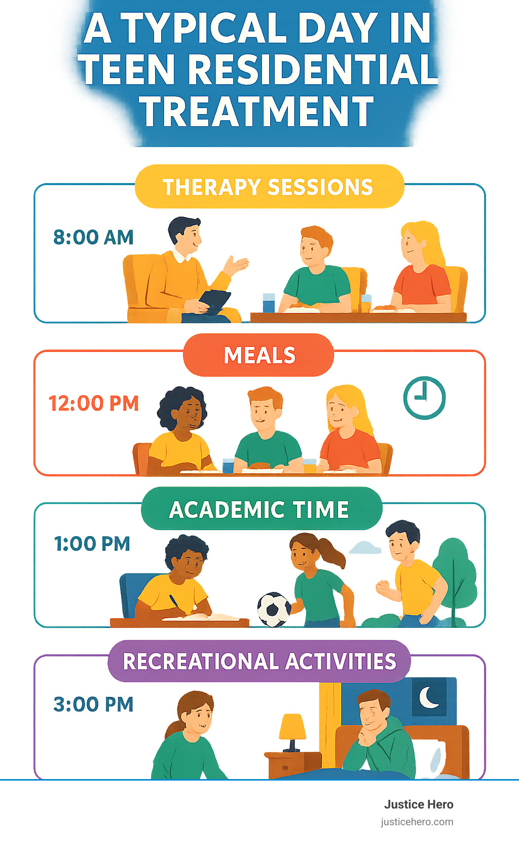 Detailed infographic showing a typical day in teen residential treatment, including therapy sessions, meals, academic time, recreational activities, and evening reflection - treatment centers for teens infographic
