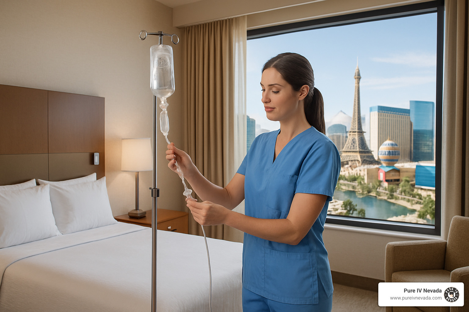 Professional nurse preparing IV treatment in a Las Vegas hotel room - mobile hangover iv las vegas