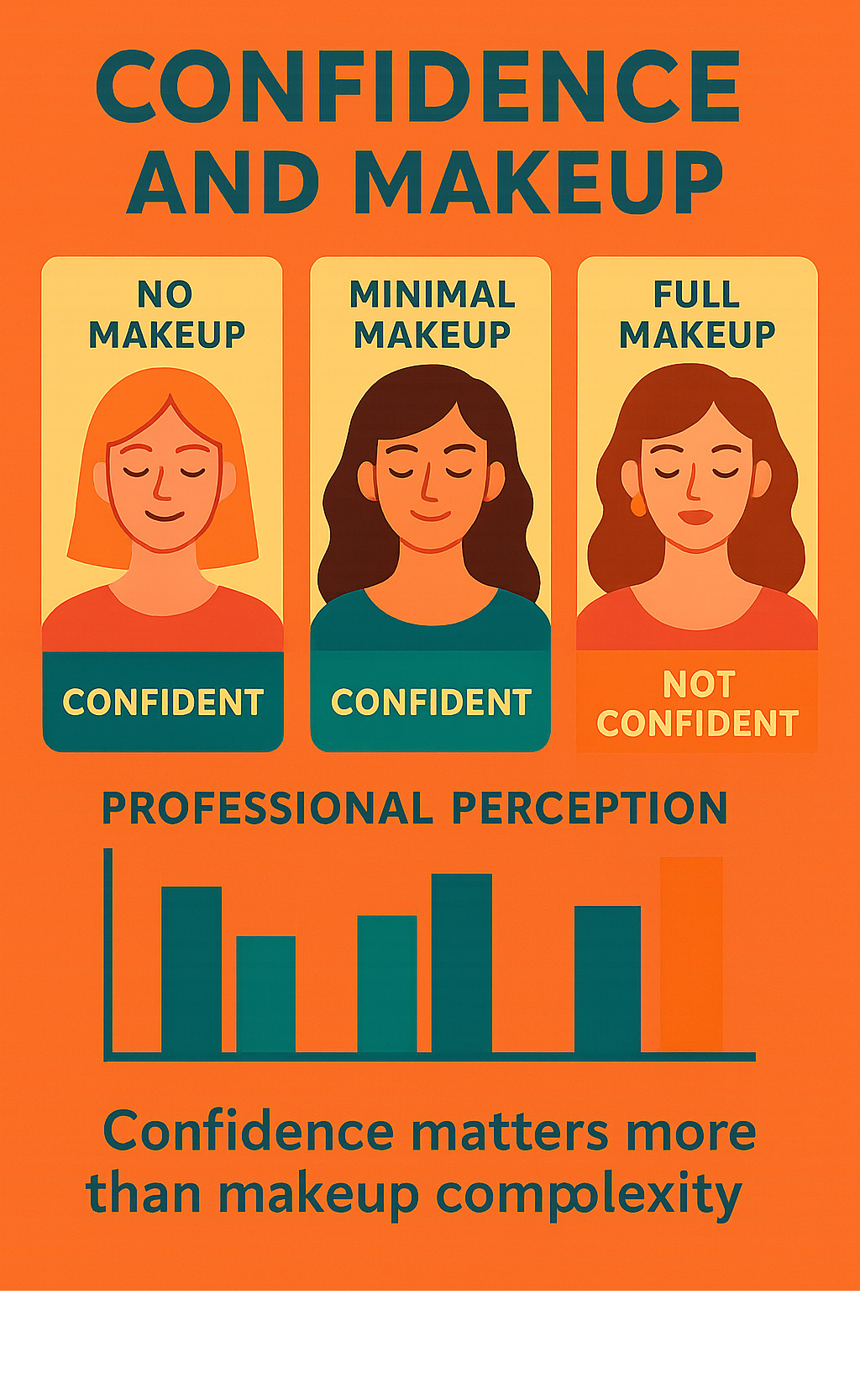 Infographic comparing confidence levels and professional perception across different makeup approaches, showing that confidence matters more than makeup complexity - natural beauty confidence infographic 