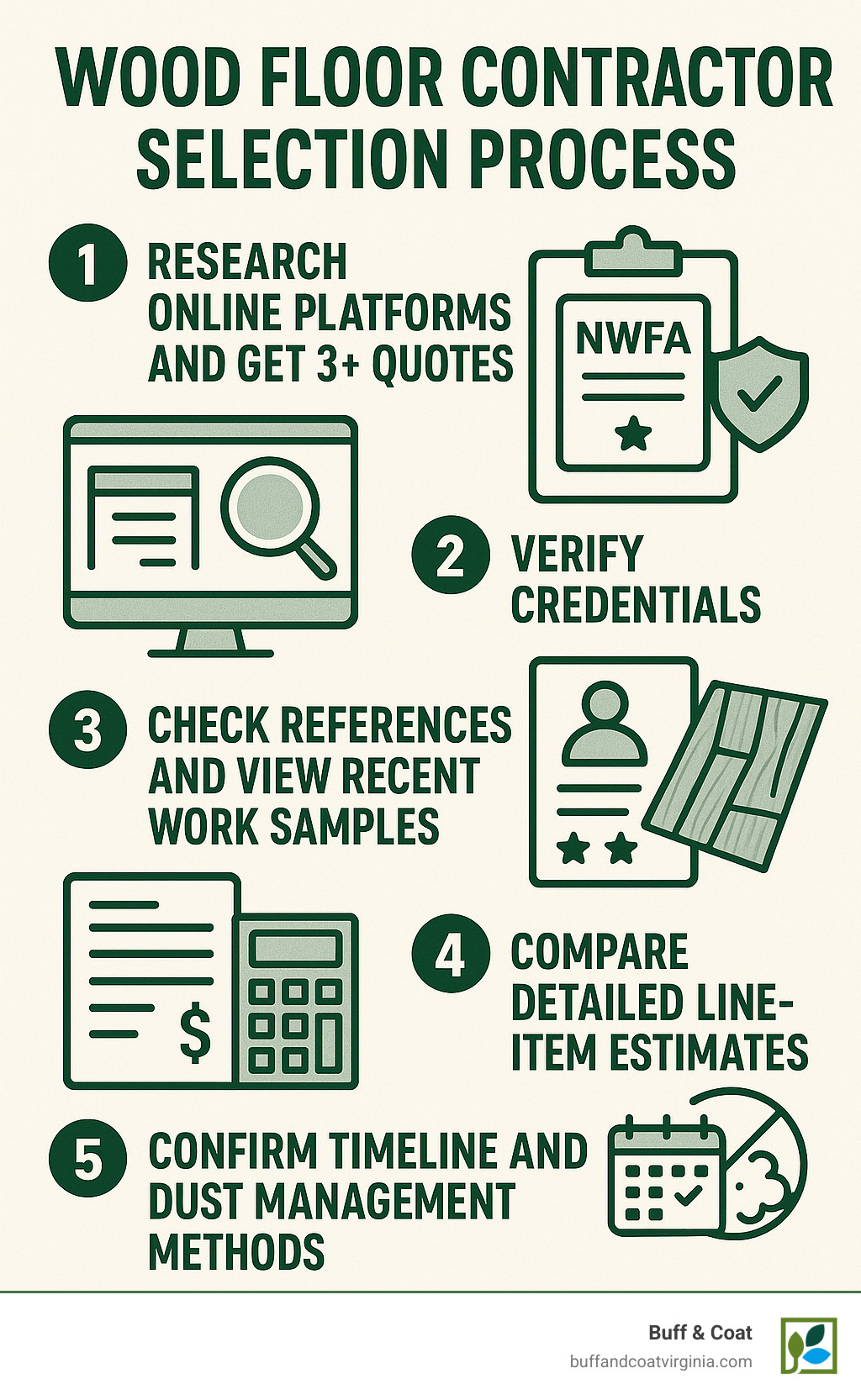 Detailed infographic showing the wood floor contractor selection process: Step 1 - Research online platforms and get 3+ quotes, Step 2 - Verify credentials including NWFA certification and insurance, Step 3 - Check references and view recent work samples, Step 4 - Compare detailed line-item estimates, Step 5 - Confirm timeline and dust management methods - wood floor contractors infographic Detailed infographic showing the wood floor contractor selection process: Step 1 - Research online platforms and get 3+ quotes, Step 2 - Verify credentials including NWFA certification and insurance, Step 3 - Check references and view recent work samples, Step 4 - Compare detailed line-item estimates, Step 5 - Confirm timeline and dust management methods - wood floor contractors infographic
