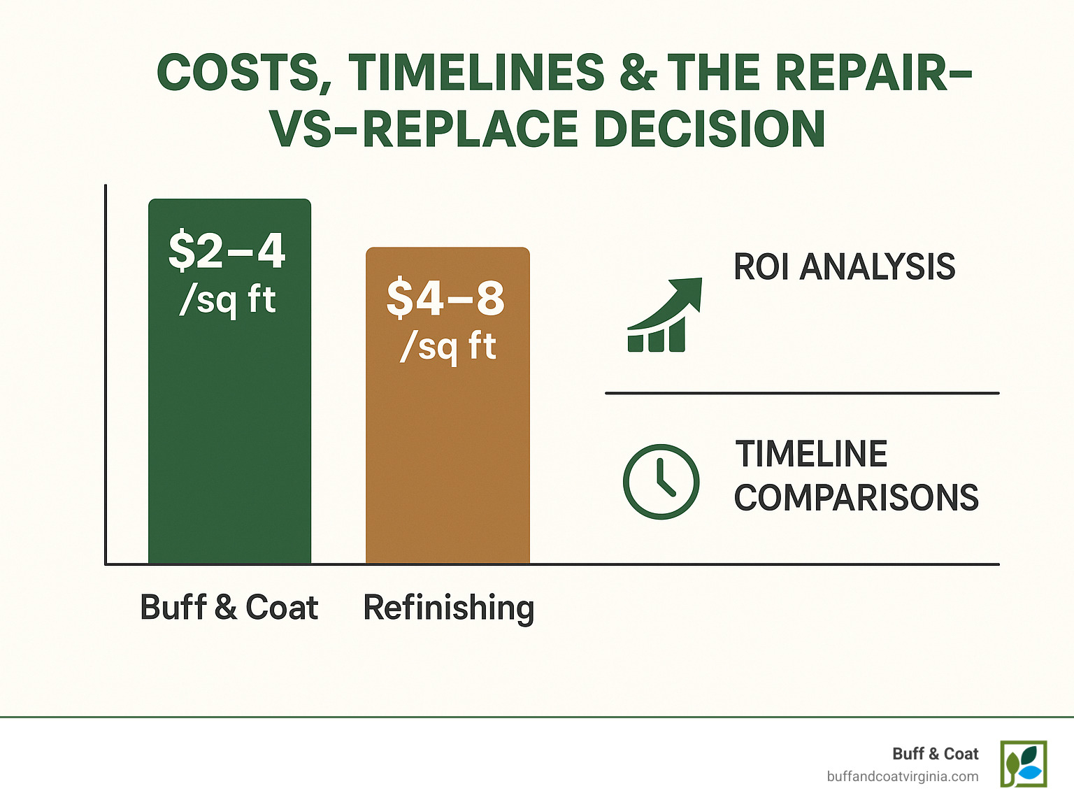 Cost comparison chart showing buff & coat ($2-4/sq ft), refinishing ($4-8/sq ft), and replacement ($12+/sq ft) with ROI analysis and timeline comparisons - hardwood floor repair richmond va infographic Cost comparison chart showing buff & coat ($2-4/sq ft), refinishing ($4-8/sq ft), and replacement ($12+/sq ft) with ROI analysis and timeline comparisons - hardwood floor repair richmond va infographic