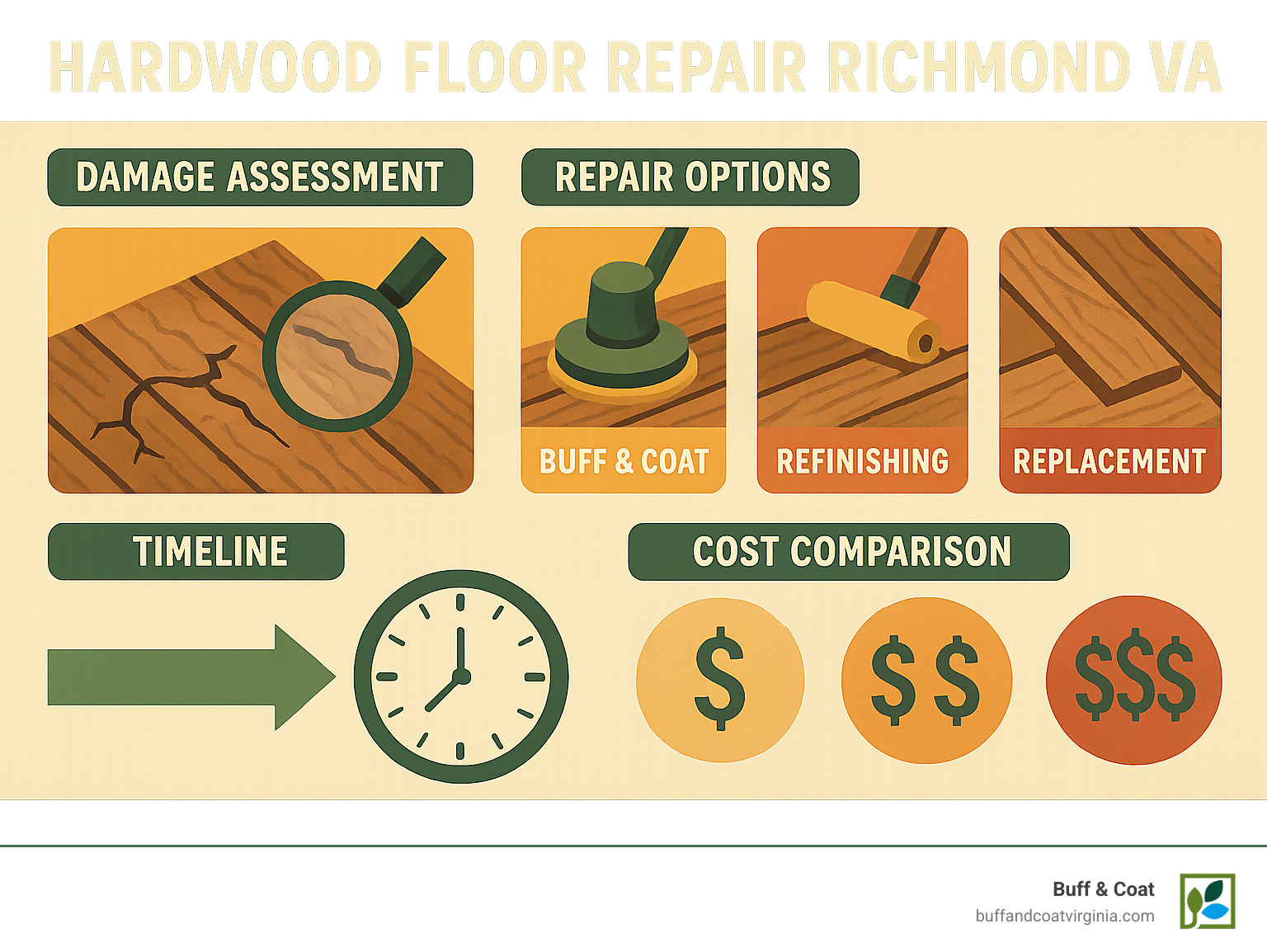 Richmond hardwood floor repair process showing damage assessment, repair options, timeline, and cost comparison between buff & coat, refinishing, and replacement - hardwood floor repair richmond va infographic Richmond hardwood floor repair process showing damage assessment, repair options, timeline, and cost comparison between buff & coat, refinishing, and replacement - hardwood floor repair richmond va infographic