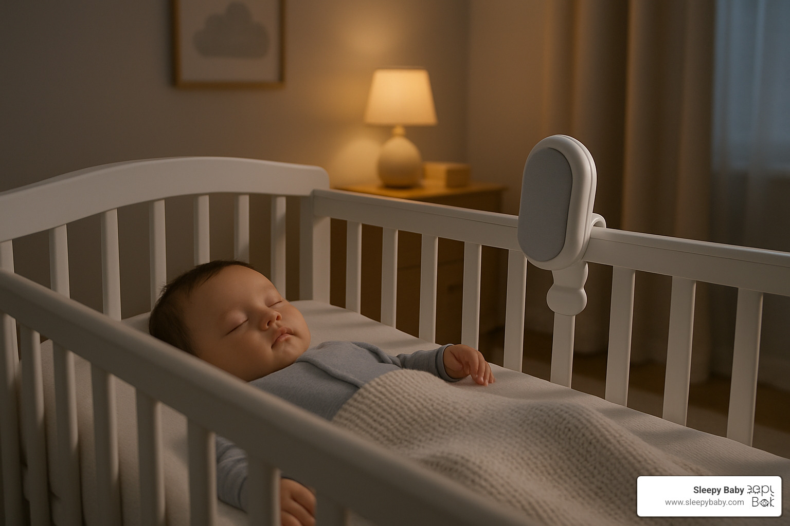 baby peacefully sleeping in crib with patting device - rhythmic patting device