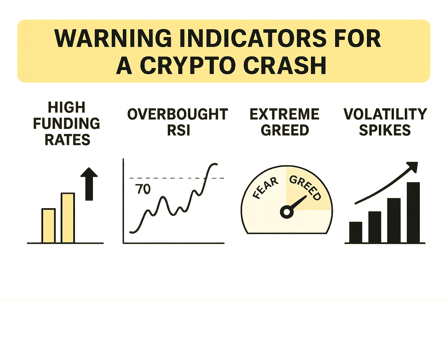 Comprehensive infographic showing the five warning indicators for crypto crashes, including visual representations of funding rates, RSI levels, Fear & Greed Index readings, and volatility spikes - crypto crash infographic