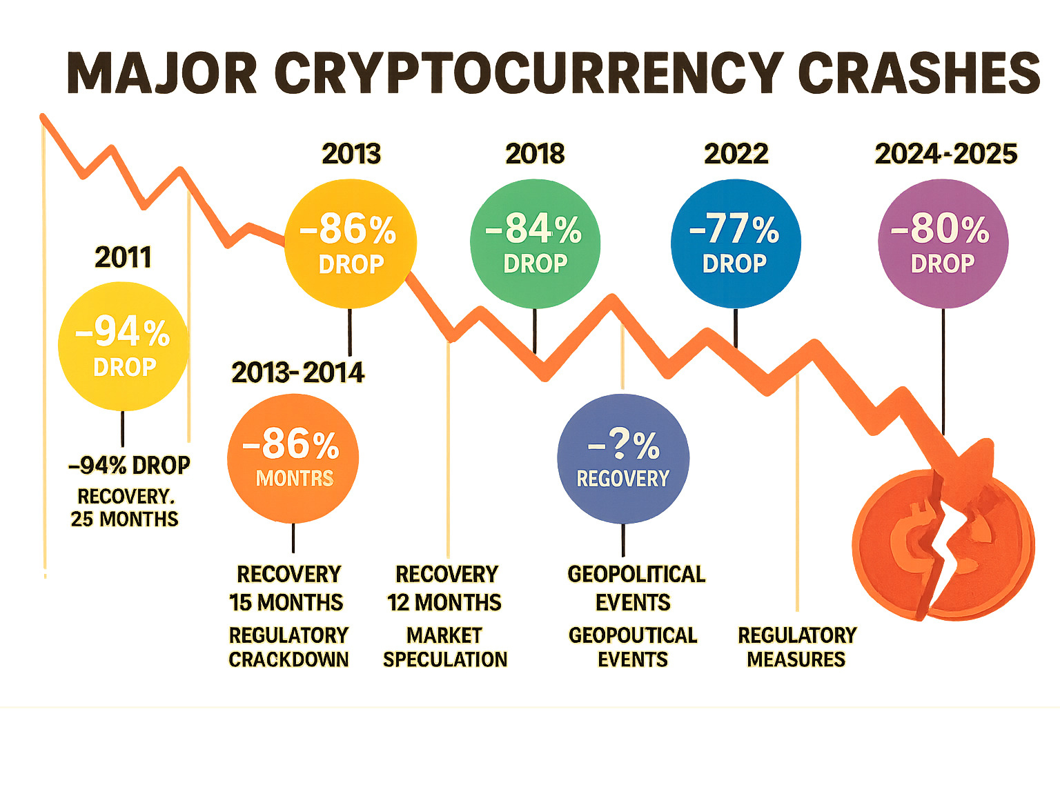 Detailed timeline infographic showing major cryptocurrency crashes from 2011 to 2025, including percentage drops, recovery times, and key trigger events like Mt. Gox hack, regulatory crackdowns, and geopolitical events - crypto crash infographic