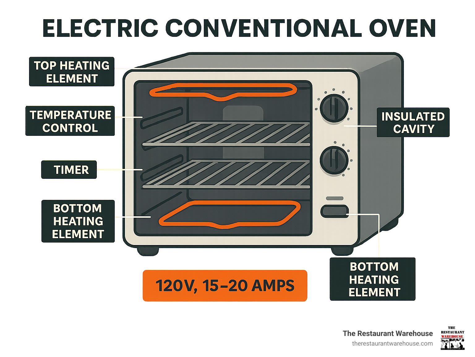 Infographic showing electric conventional oven components including top heating element, bottom heating element, temperature control knob, timer, oven racks, and insulated cavity with labels and power requirements - electric conventional oven infographic