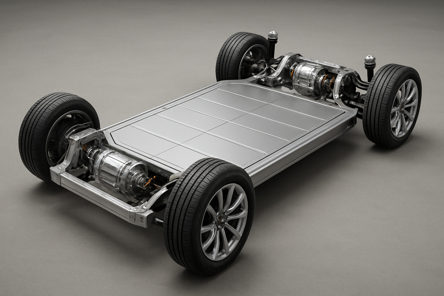 Skateboard EV platform showing battery pack and electric motors - eco luxury car trend