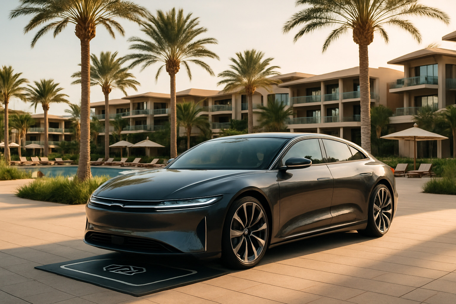 Luxury electric vehicle on wireless charging pad at resort - eco luxury car trend
