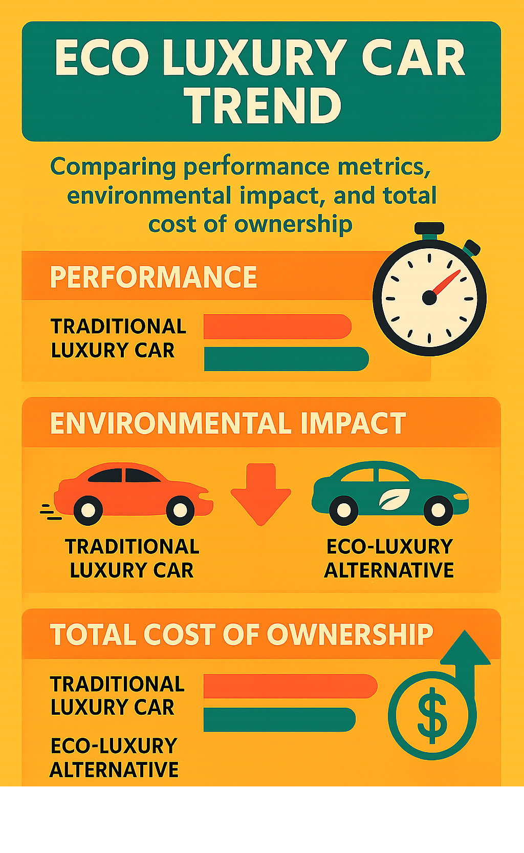 Infographic comparing performance metrics, environmental impact, and total cost of ownership between traditional luxury cars and eco-luxury alternatives, showing improvements in acceleration, emissions reduction, and long-term value - eco luxury car trend infographic 