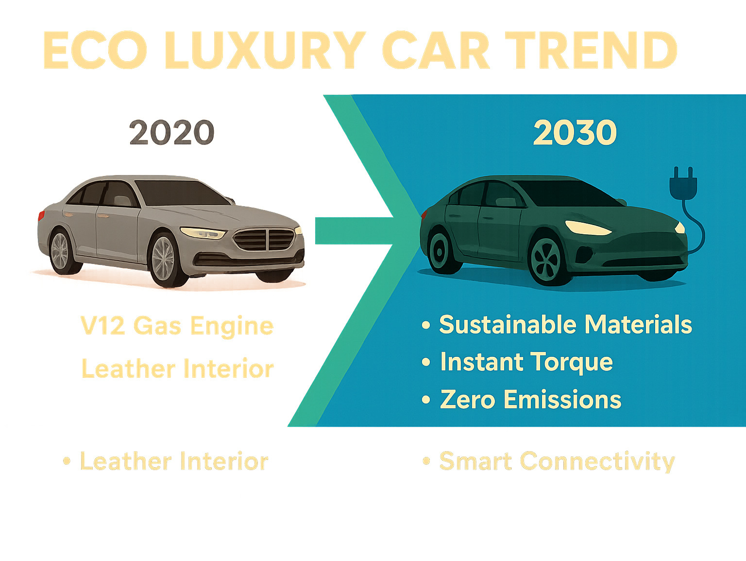 Infographic showing the evolution of luxury cars from traditional V12 gas engines with leather interiors to modern electric vehicles with sustainable materials, instant torque performance, zero emissions, and smart connectivity features, highlighting the shift from 2020 to 2030 - eco luxury car trend infographic 