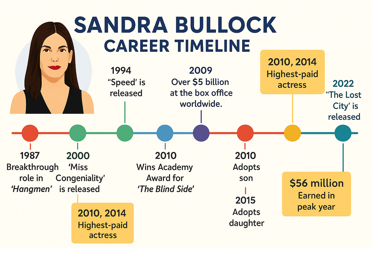 Infographic showing Sandra Bullock's career timeline from 1987 breakthrough to 2024, including major film releases, box office milestones, Academy Award win in 2010, highest-paid actress years, adoption of children in 2010 and 2015, and upcoming Practical Magic 2 release - sandra bullock infographic Infographic showing Sandra Bullock's career timeline from 1987 breakthrough to 2024, including major film releases, box office milestones, Academy Award win in 2010, highest-paid actress years, adoption of children in 2010 and 2015, and upcoming Practical Magic 2 release - sandra bullock infographic