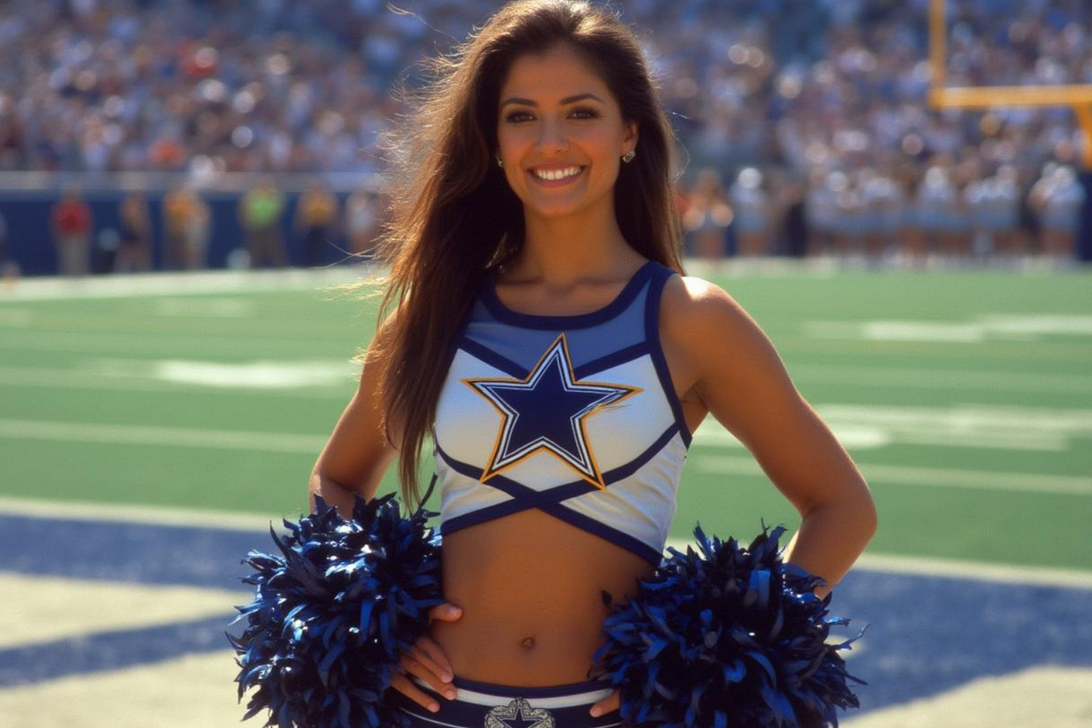 Sarah Shahi in her Dallas Cowboys Cheerleader uniform during her 1999-2000 season, showing her athletic background before Hollywood - sarah shahi