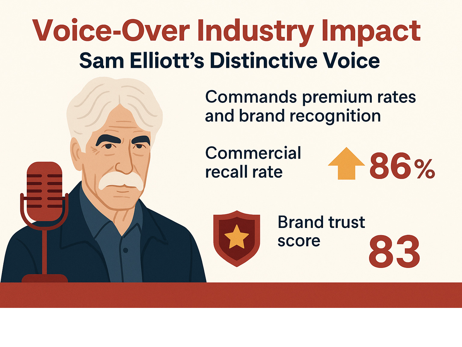 Voice-over industry impact showing how Sam Elliott's distinctive voice commands premium rates and brand recognition, with statistics on commercial recall rates and brand trust scores when Elliott provides narration - sam elliott infographic Voice-over industry impact showing how Sam Elliott's distinctive voice commands premium rates and brand recognition, with statistics on commercial recall rates and brand trust scores when Elliott provides narration - sam elliott infographic