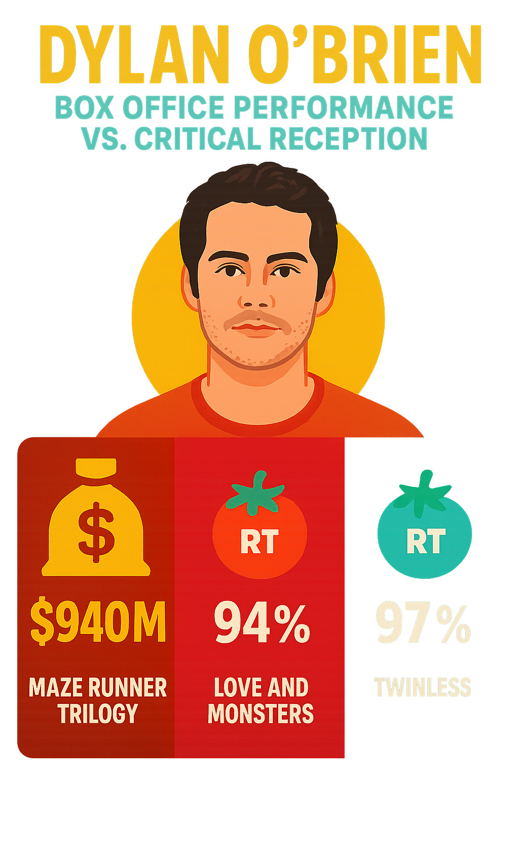 Infographic comparing Dylan O'Brien's box office performance versus critical reception scores across his major films, showing Maze Runner trilogy's $940M gross, Love and Monsters' 94% RT score, and Twinless' 97% RT rating - dylan o'brien infographic Infographic comparing Dylan O'Brien's box office performance versus critical reception scores across his major films, showing Maze Runner trilogy's $940M gross, Love and Monsters' 94% RT score, and Twinless' 97% RT rating - dylan o'brien infographic