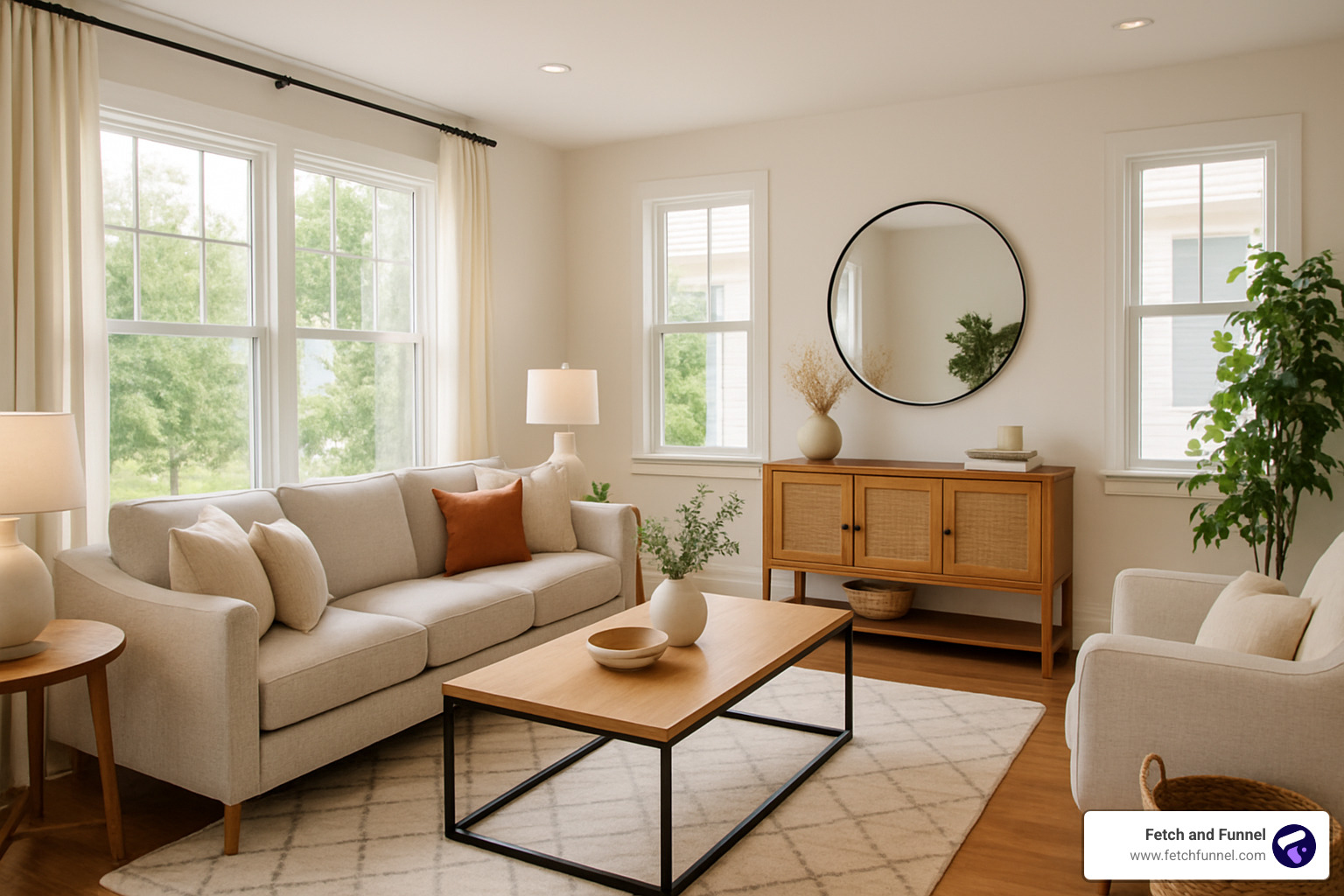 Professional video still showing a bright, modern living room with natural lighting - Facebook ads for real estate