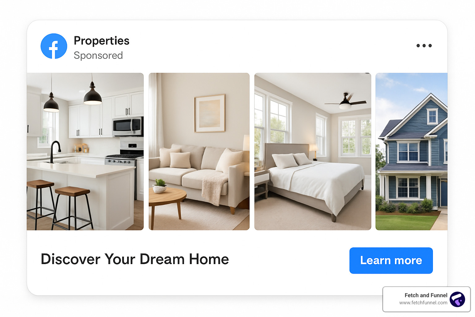 Multiple property images arranged in a carousel format showing different rooms and exterior views - Facebook ads for real estate
