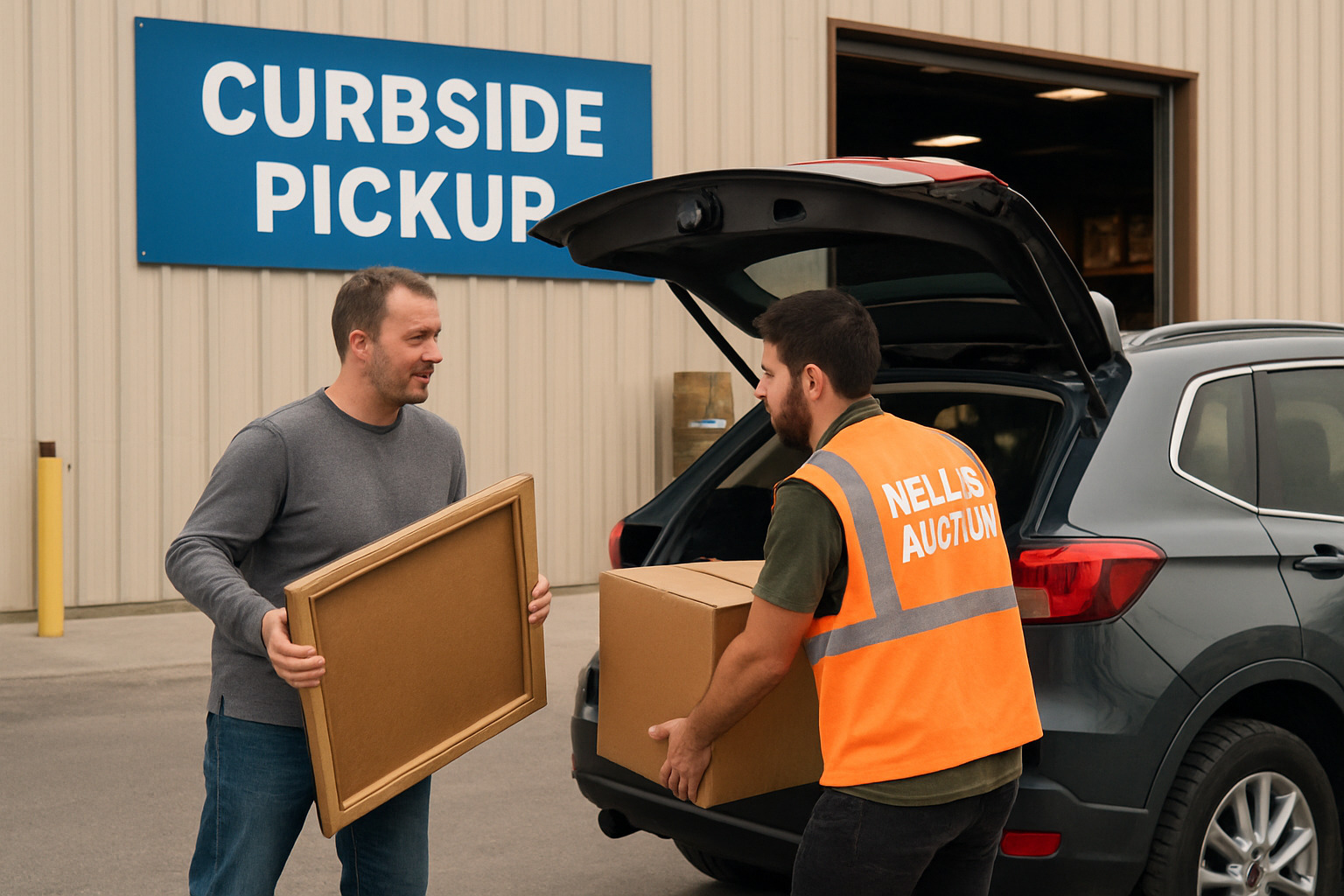 Customer at curbside pickup loading items into their vehicle with Nellis Auction staff assistance - nellis auction