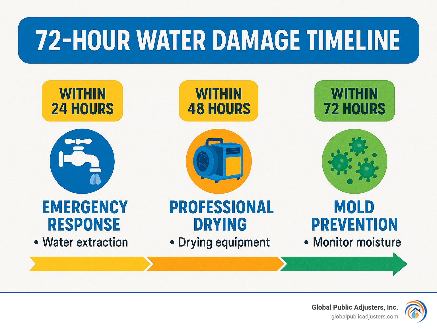 Infographic showing 72-hour water damage timeline with critical action points for emergency response, professional drying phases, and mold prevention milestones - water damage drying company infographic 