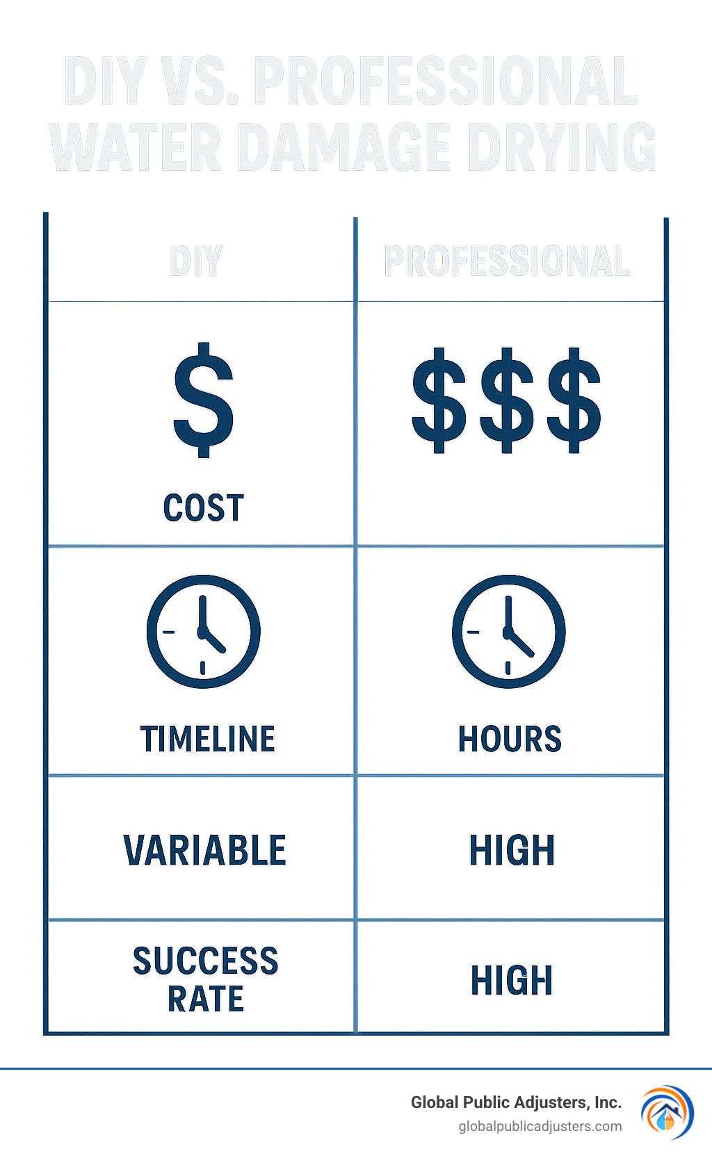 Comparison chart showing DIY vs Professional water damage drying costs, timeline, and success rates - water damage drying company infographic 