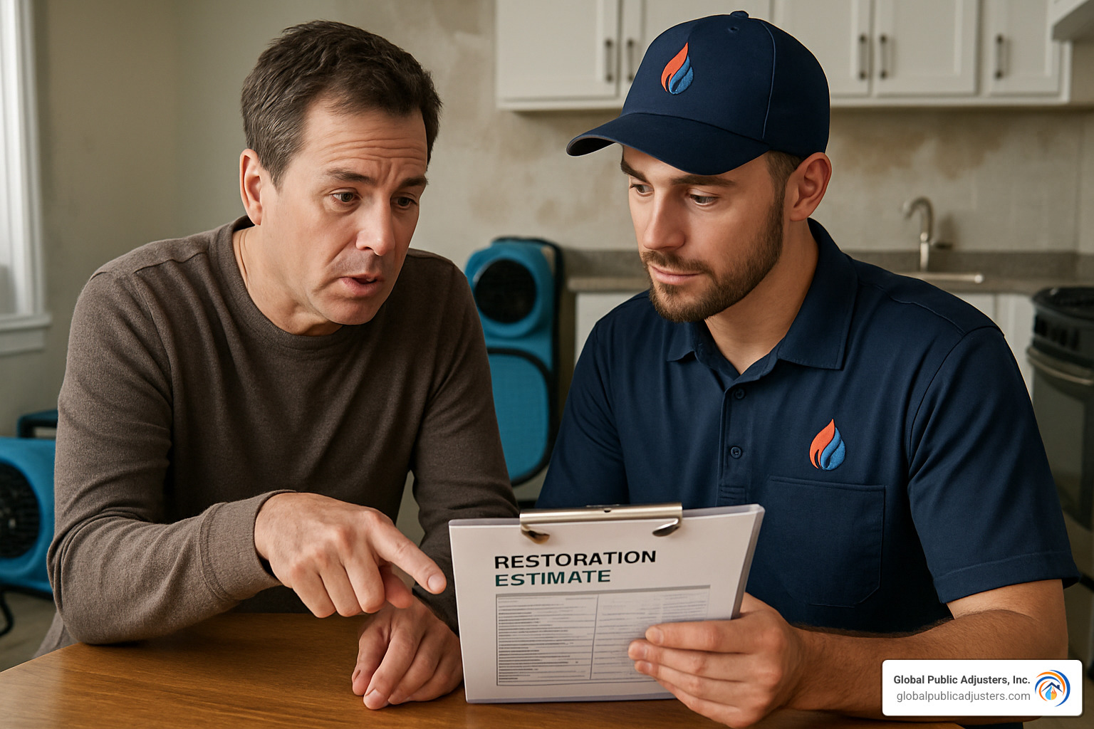 Homeowner reviewing detailed restoration estimate with professional technician - water damage drying company