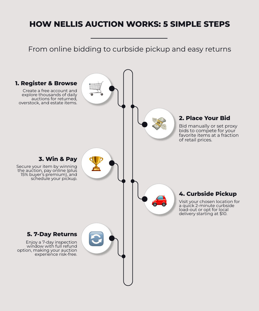 Infographic showing the complete Nellis Auction process from account registration and bidding through payment, scheduling pickup within 7 days, quick 2-minute curbside loading, and optional 7-day return window with full refund policy - nellis auction infographic infographic-line-5-steps-neat_beige