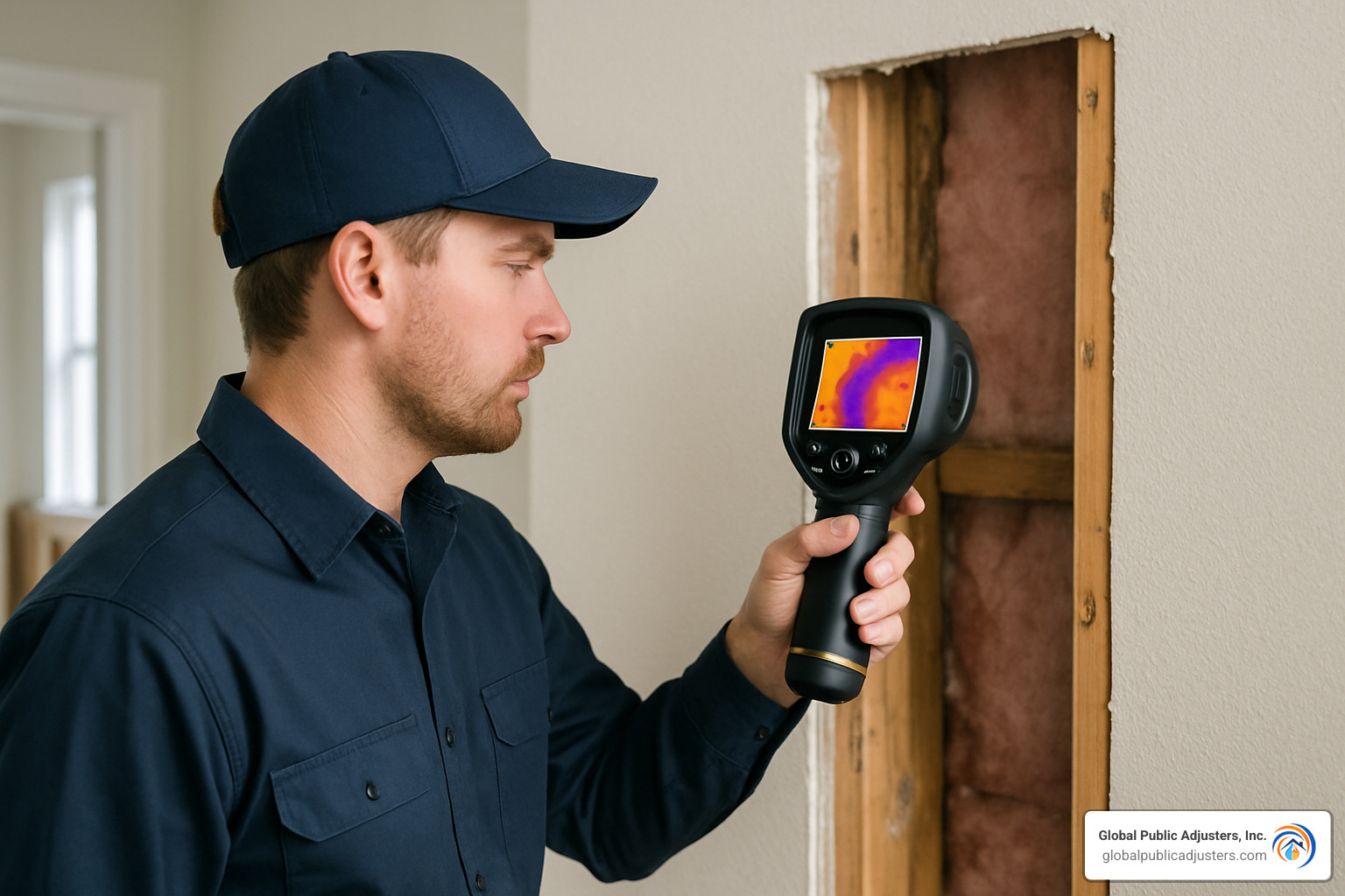 Technician using thermal imaging camera to check moisture levels in wall cavity - water damage drying company