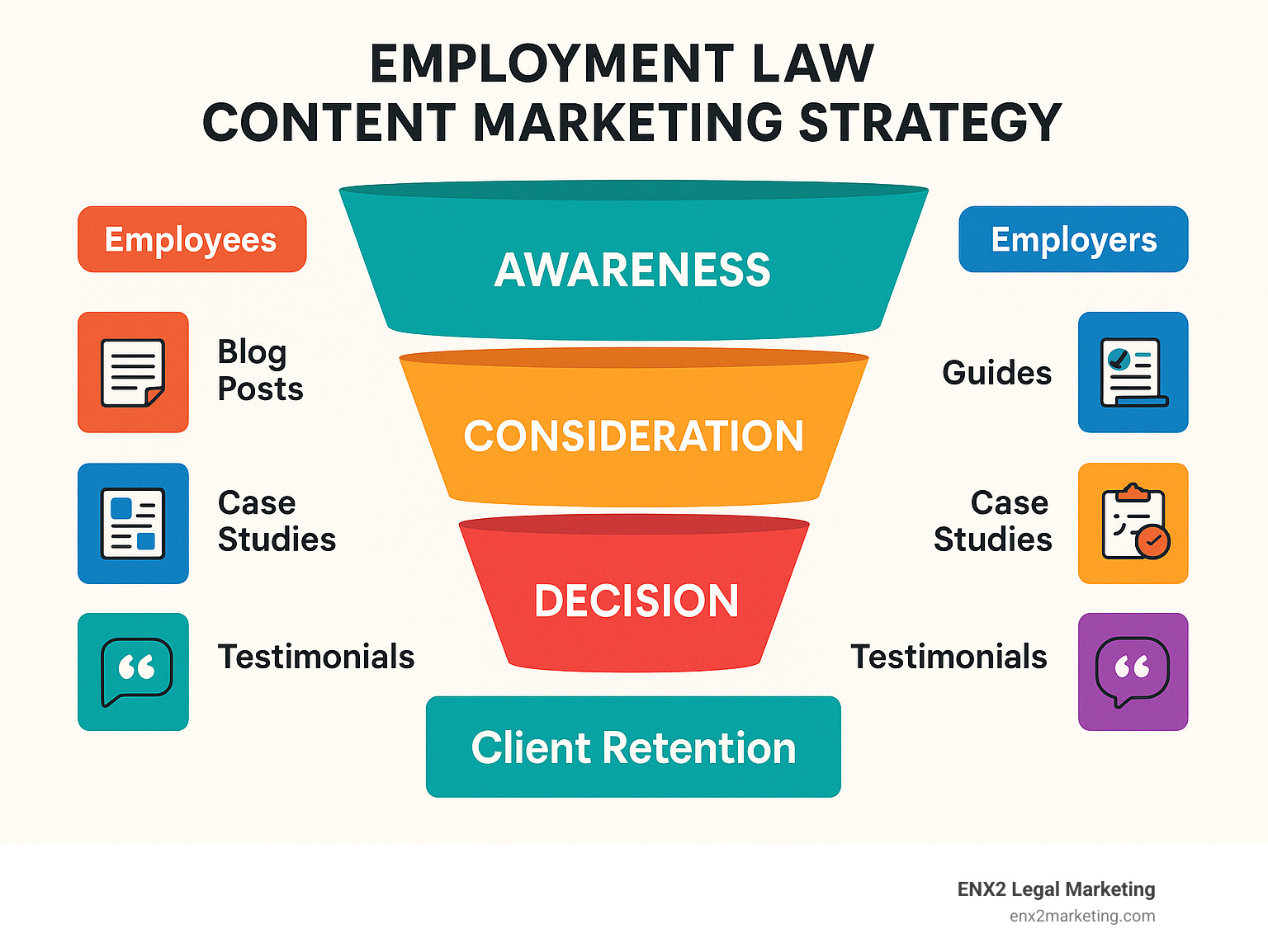Employment Law Content Marketing Strategy - showing the complete funnel from awareness through client retention, including blog posts for top-of-funnel awareness, case studies for consideration phase, and testimonials for decision stage, with specific content types mapped to employee vs employer audiences - content for marketing employment law infographic 