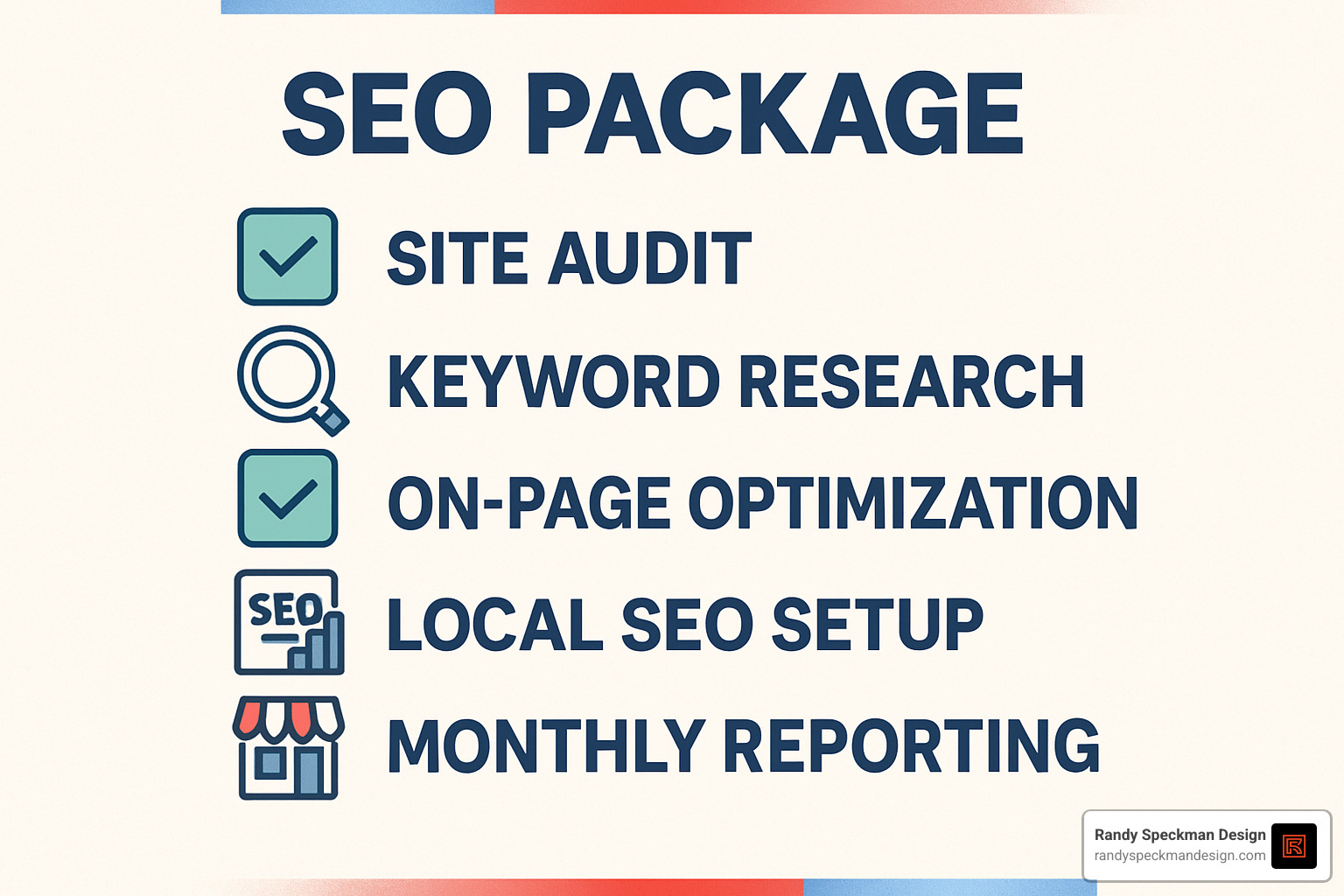 SEO package checklist showing essential components like site audit, keyword research, on-page optimization, local SEO setup, and monthly reporting - cheap seo plans