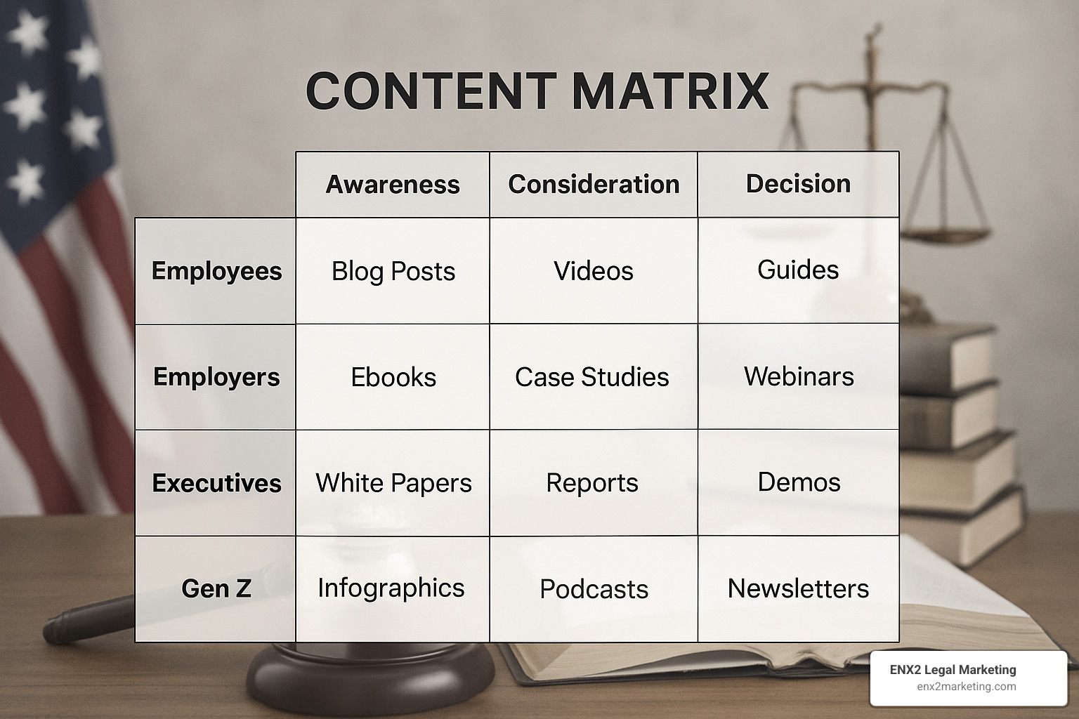 content matrix showing different content types mapped to audience segments and funnel stages - content for marketing employment law