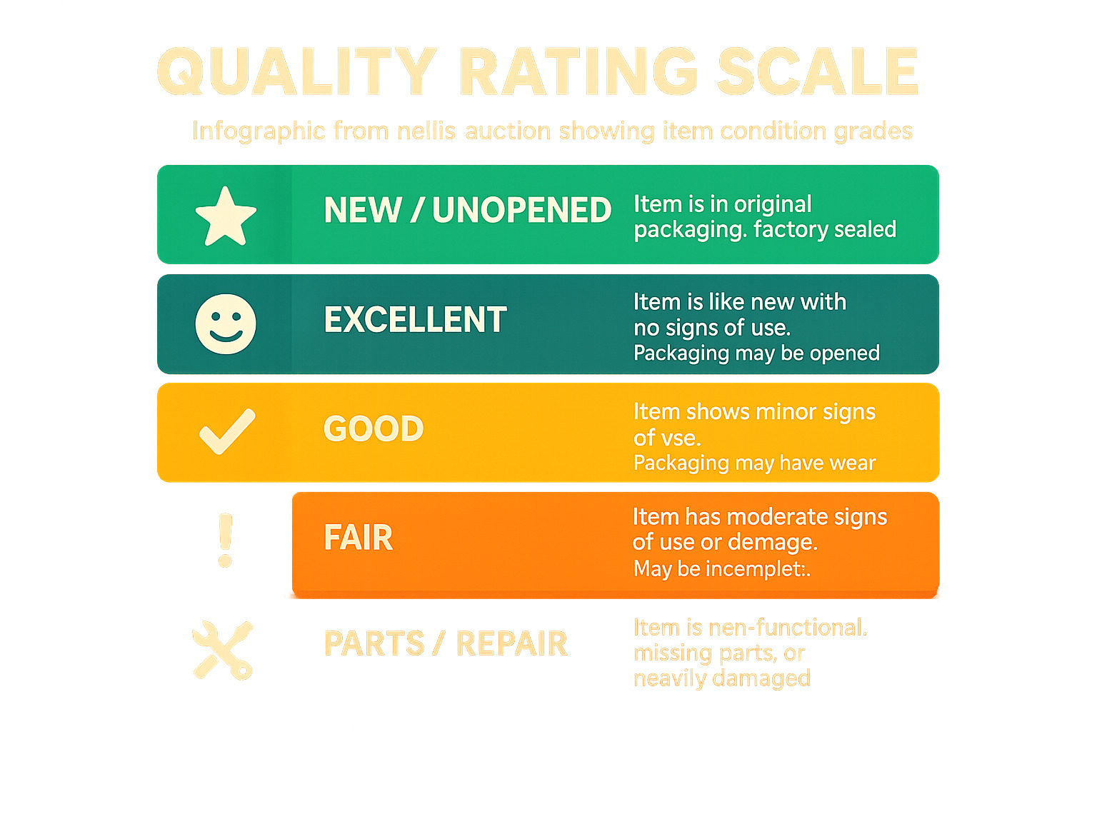 Quality rating scale infographic showing Nellis Auction's item condition grades from New/Unopened through Excellent, Good, Fair, and Parts/Repair categories with detailed descriptions of what each rating means for buyers - nellis auction infographic 