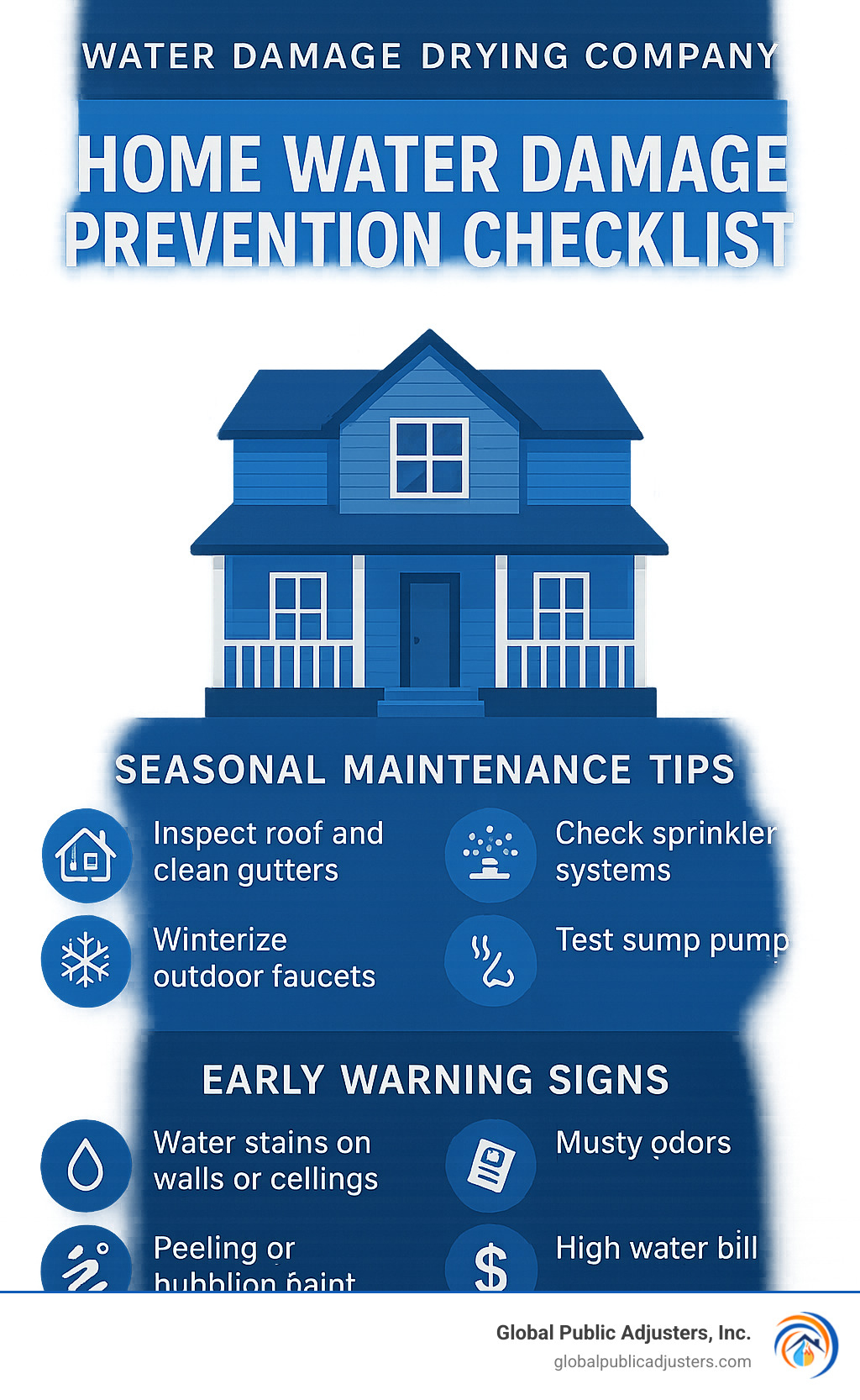 Infographic showing comprehensive home water damage prevention checklist with seasonal maintenance tips and early warning signs - water damage drying company infographic 