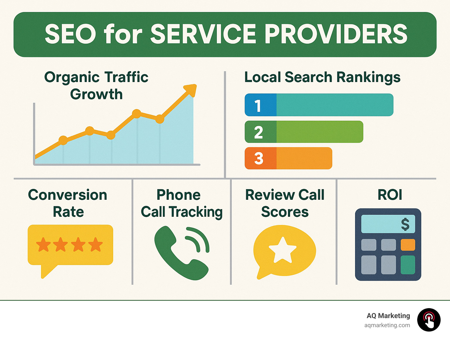 Detailed analytics dashboard showing key SEO metrics for service providers including organic traffic growth, local search rankings, conversion rates, phone call tracking, review scores, and ROI calculations - seo for service providers infographic