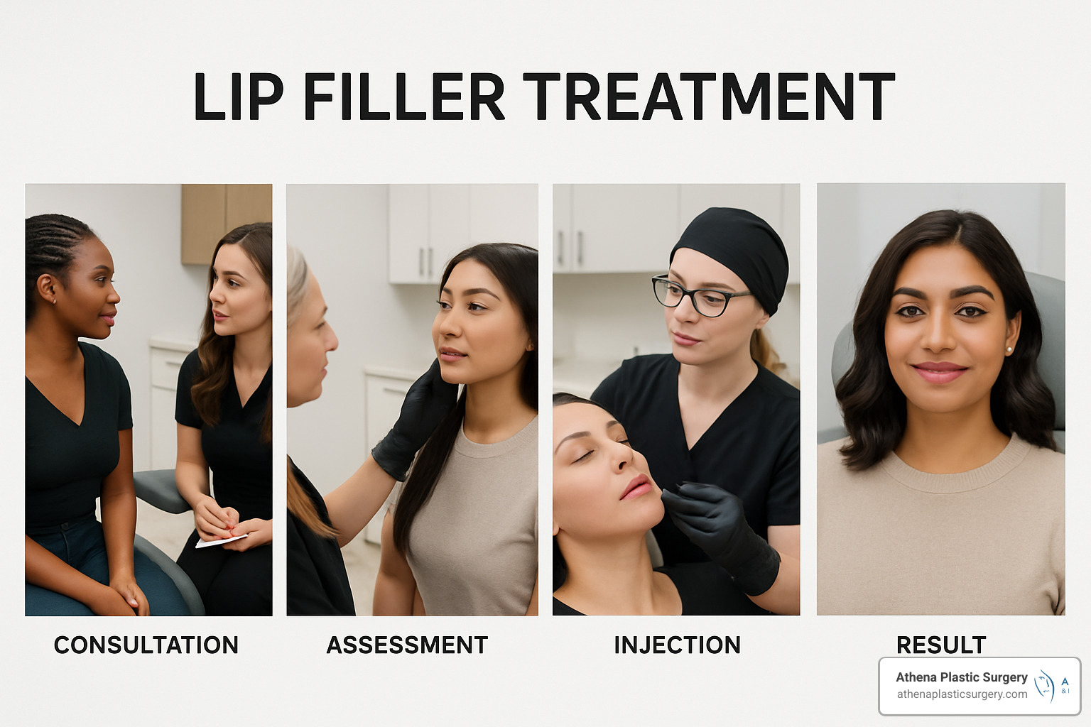 Step-by-step visual guide showing the lip filler treatment process from consultation to final results - lip filler cost