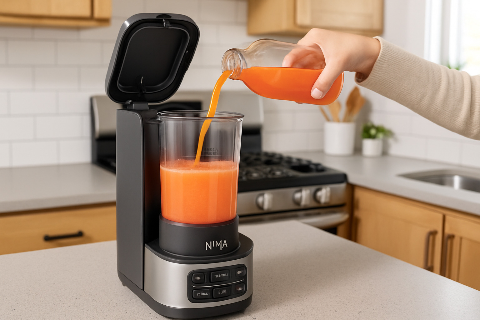 machine setup showing the ninja slushie with ingredients being poured to the fill line - ninja slushie