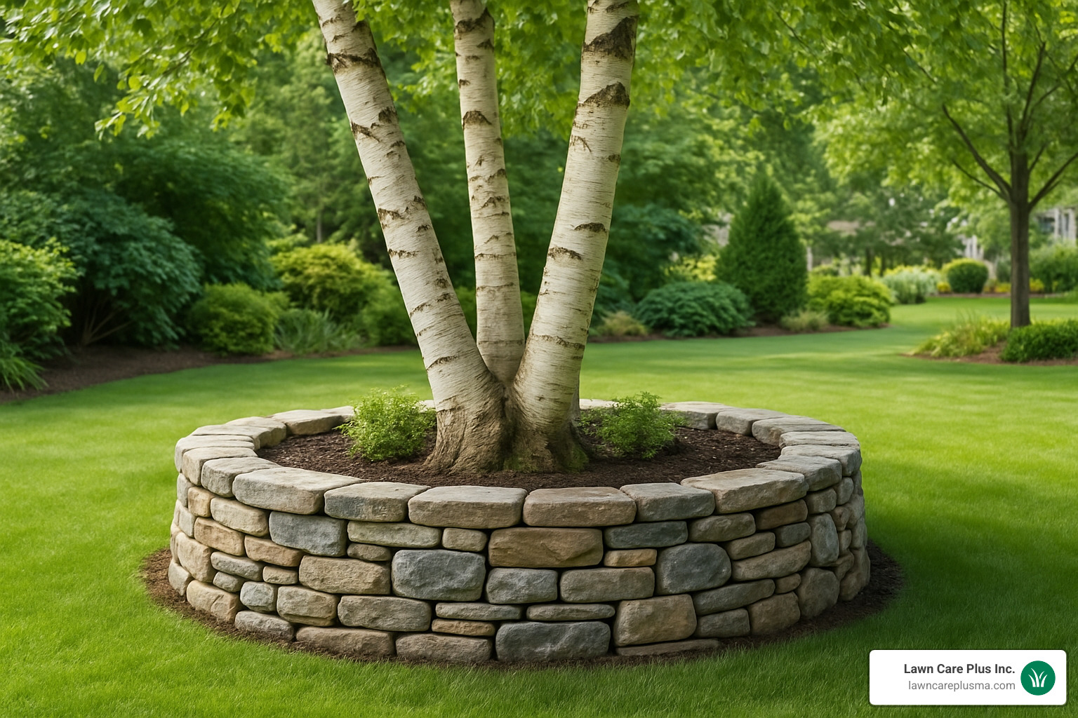 stone retaining wall around mature birch tree - tree landscaping