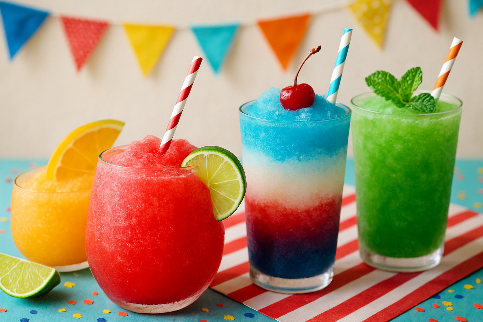 assorted colorful frozen drinks in glasses showing different ninja slushie varieties - ninja slushie