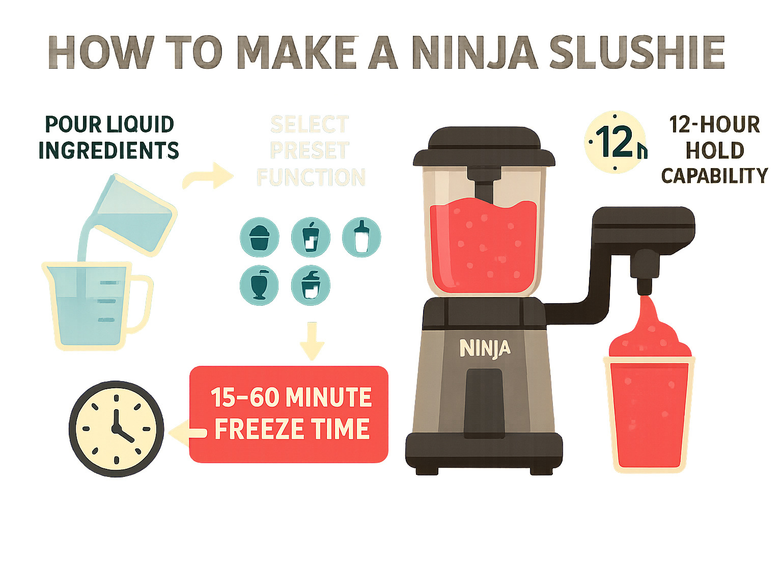 Infographic showing the complete ninja slushie workflow from liquid ingredients to frozen drinks, including the 5 preset functions, 15-60 minute freeze time, self-serve dispensing, and 12-hour hold capability - ninja slushie infographic 