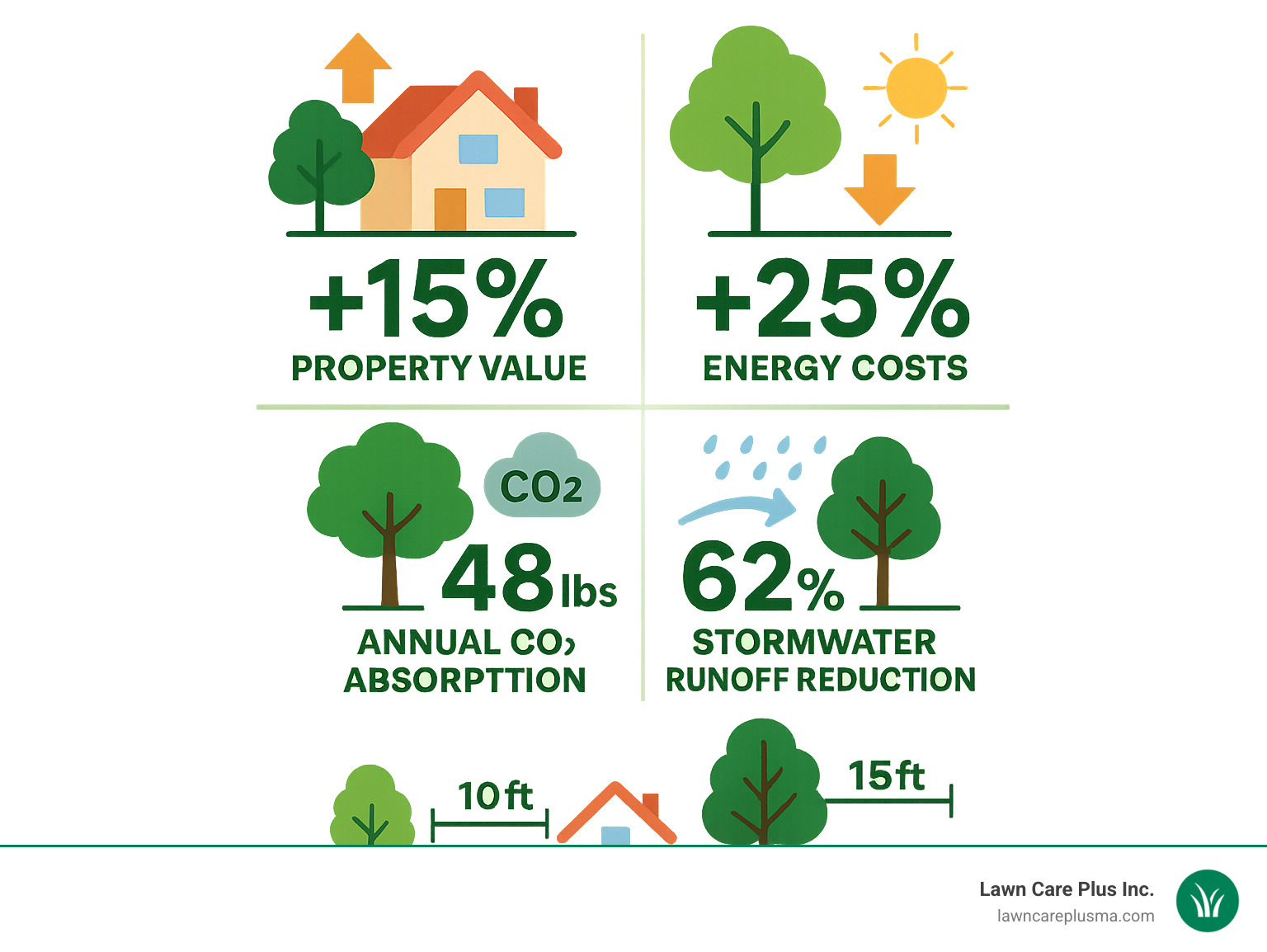 Infographic showing tree landscaping benefits including 15% property value increase, 25% energy cost reduction, 48 pounds annual CO2 absorption per tree, and 62% stormwater runoff reduction, with visual representations of proper tree placement distances from homes - tree landscaping infographic 
