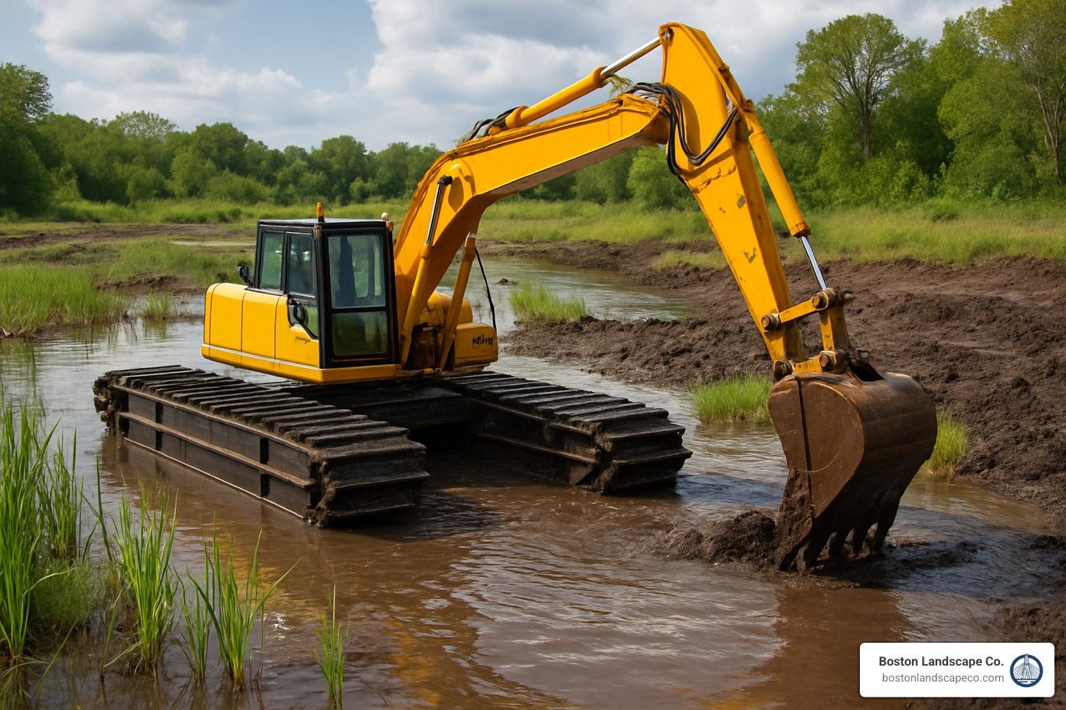 Amphibious excavator working in wetland restoration - Wetland Repair