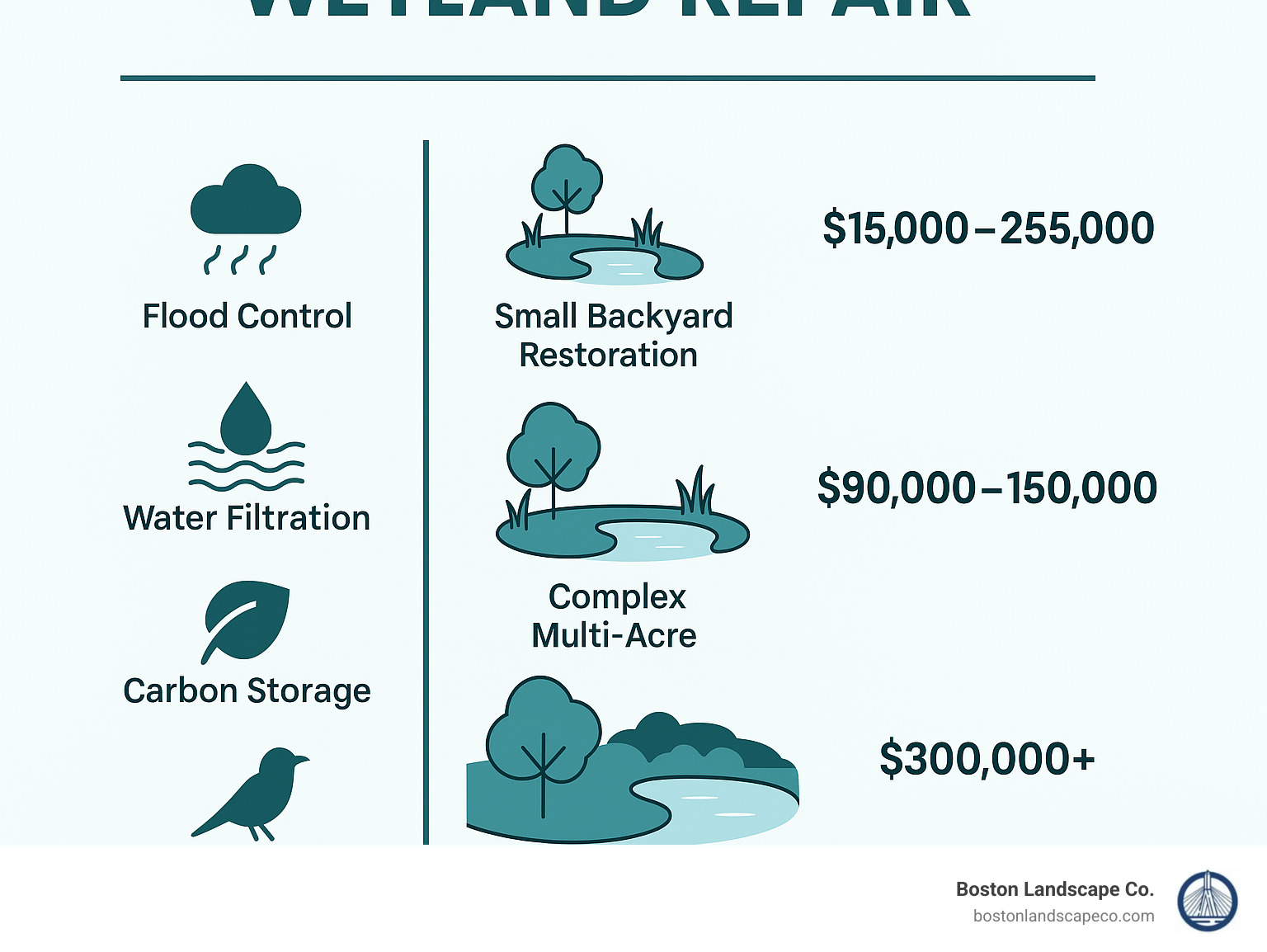 Infographic showing cost ranges for wetland repair projects from small backyard restorations at $15,000-$25,000 up to complex multi-acre projects at $300,000+, with corresponding ecosystem service values including flood control, water filtration, carbon storage, and wildlife habitat benefits - Wetland Repair infographic