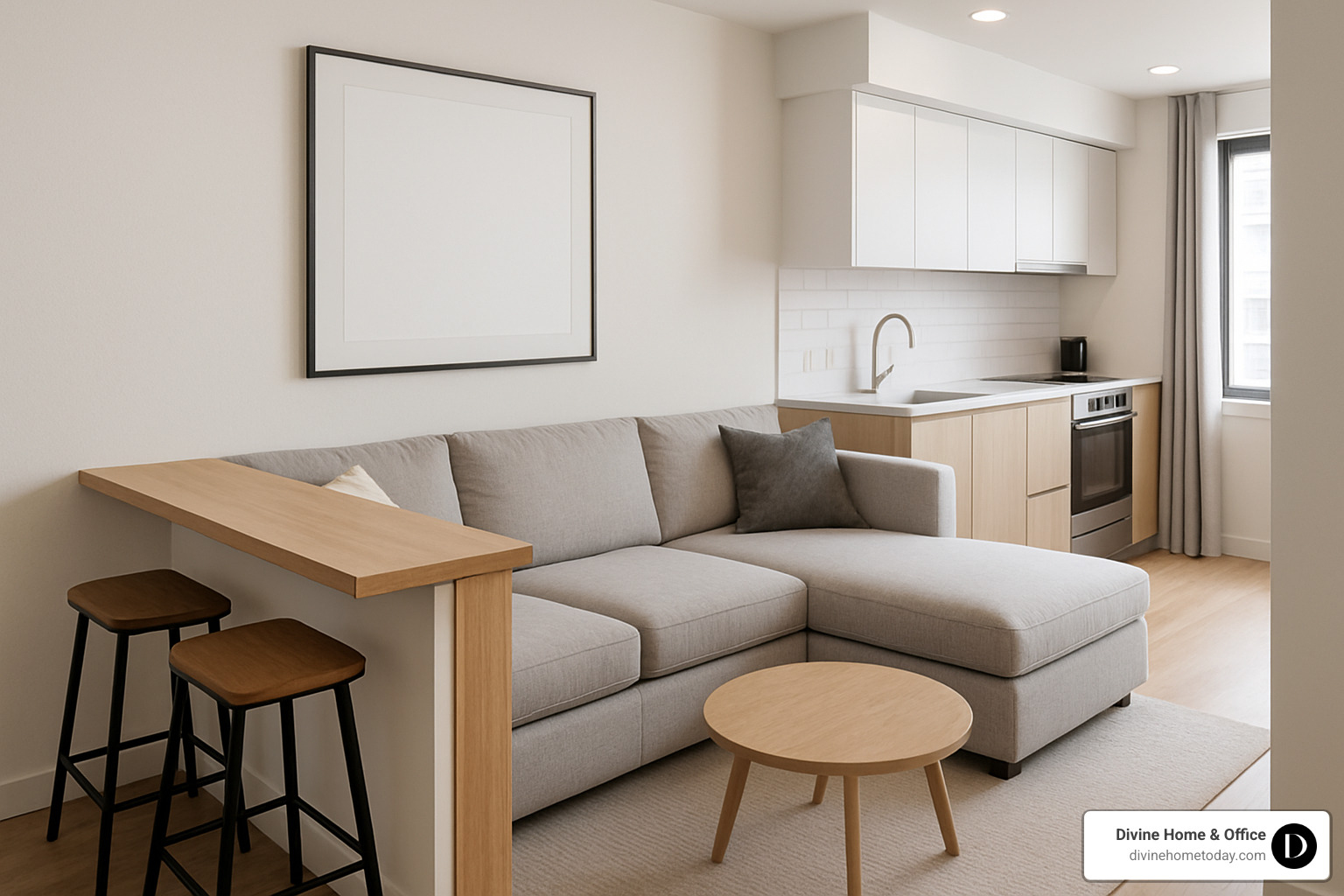Sectional sofa with integrated breakfast counter in compact living space - 2 bhk flat living room design