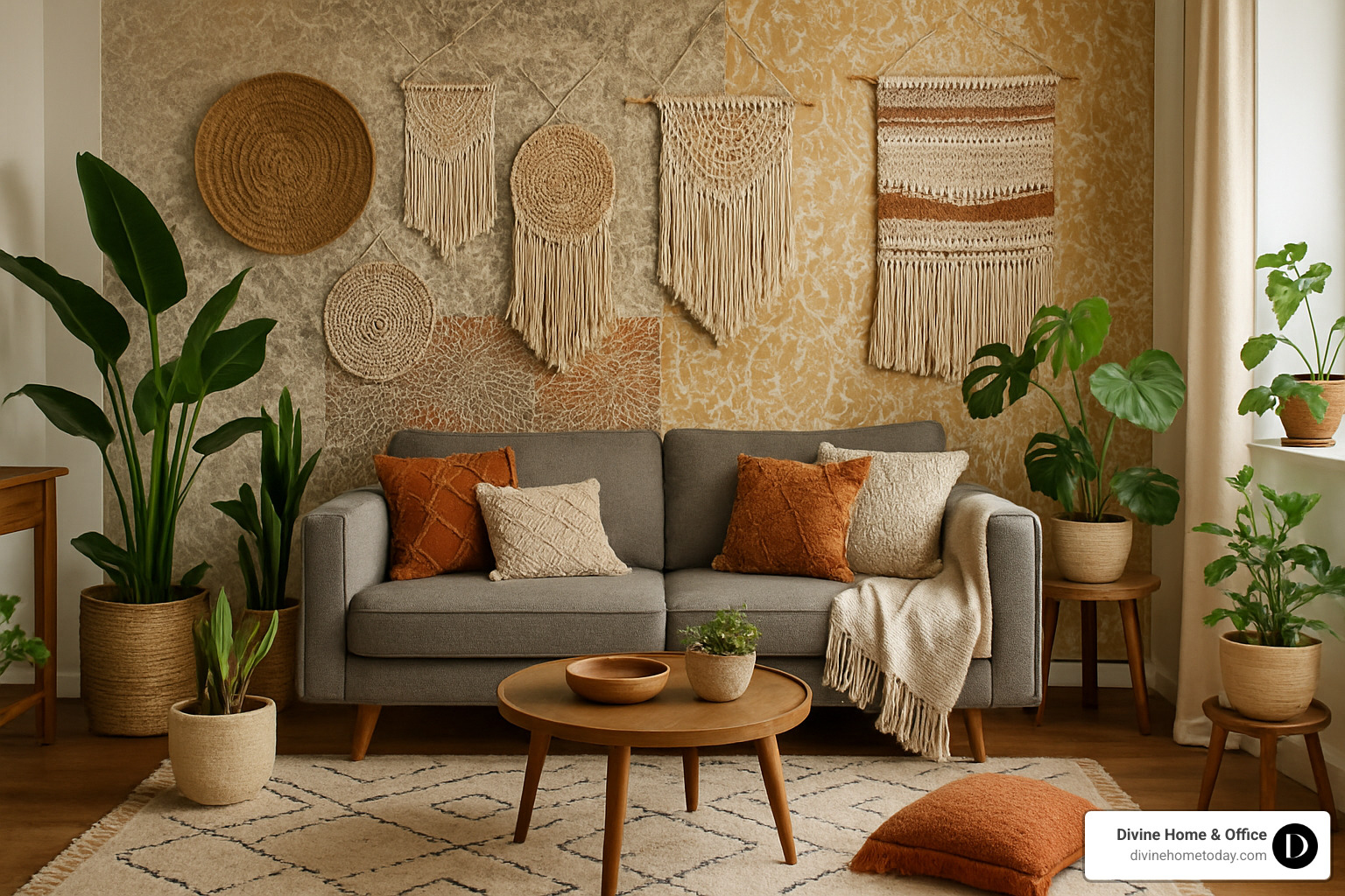 Boho-style accent wall with mixed textures and plants - 2 bhk flat living room design