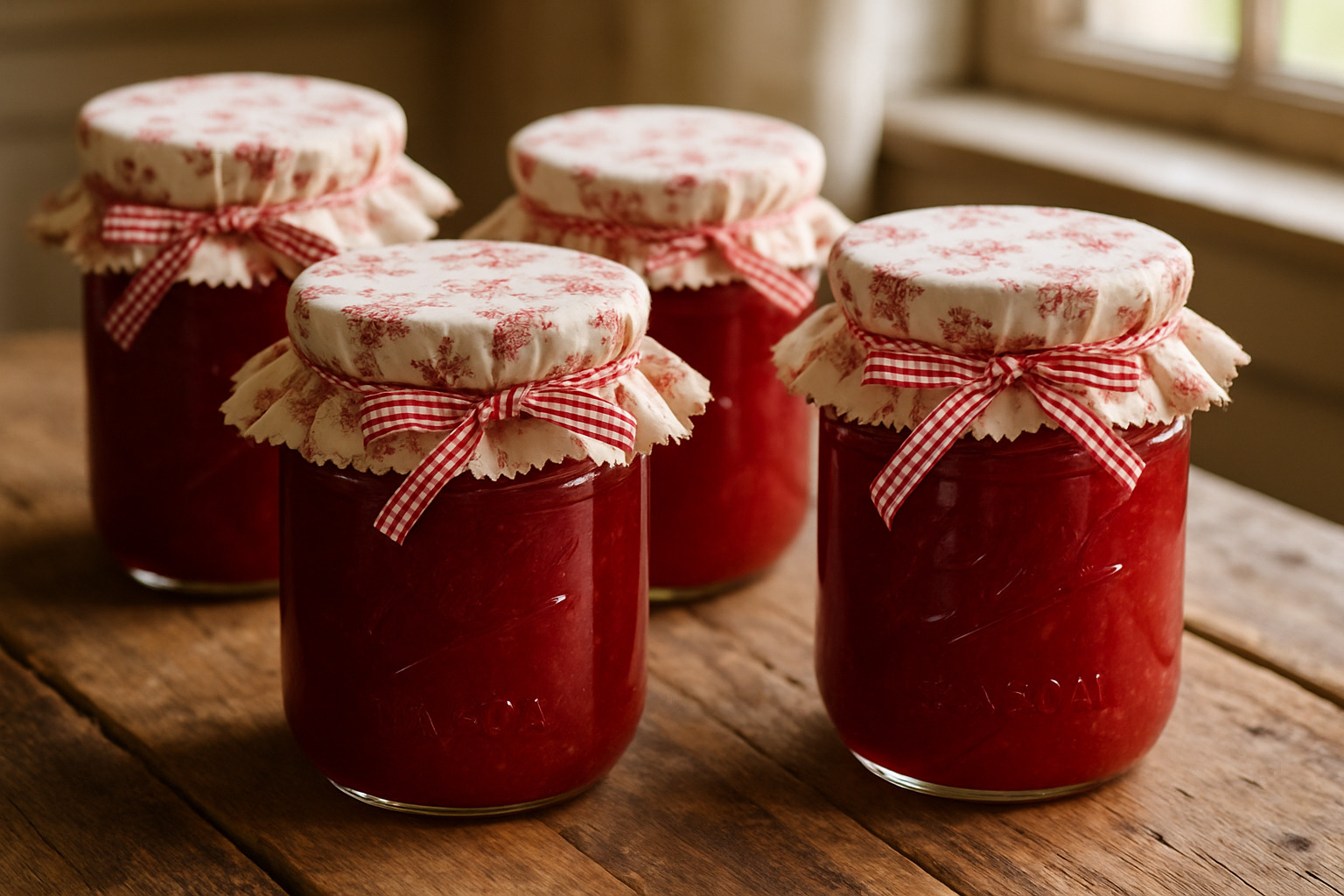 Mason jars filled with ruby-red rhubarb jam, sealed with decorative cloth tops and ribbon, arranged on rustic wooden surface -  rhubarb