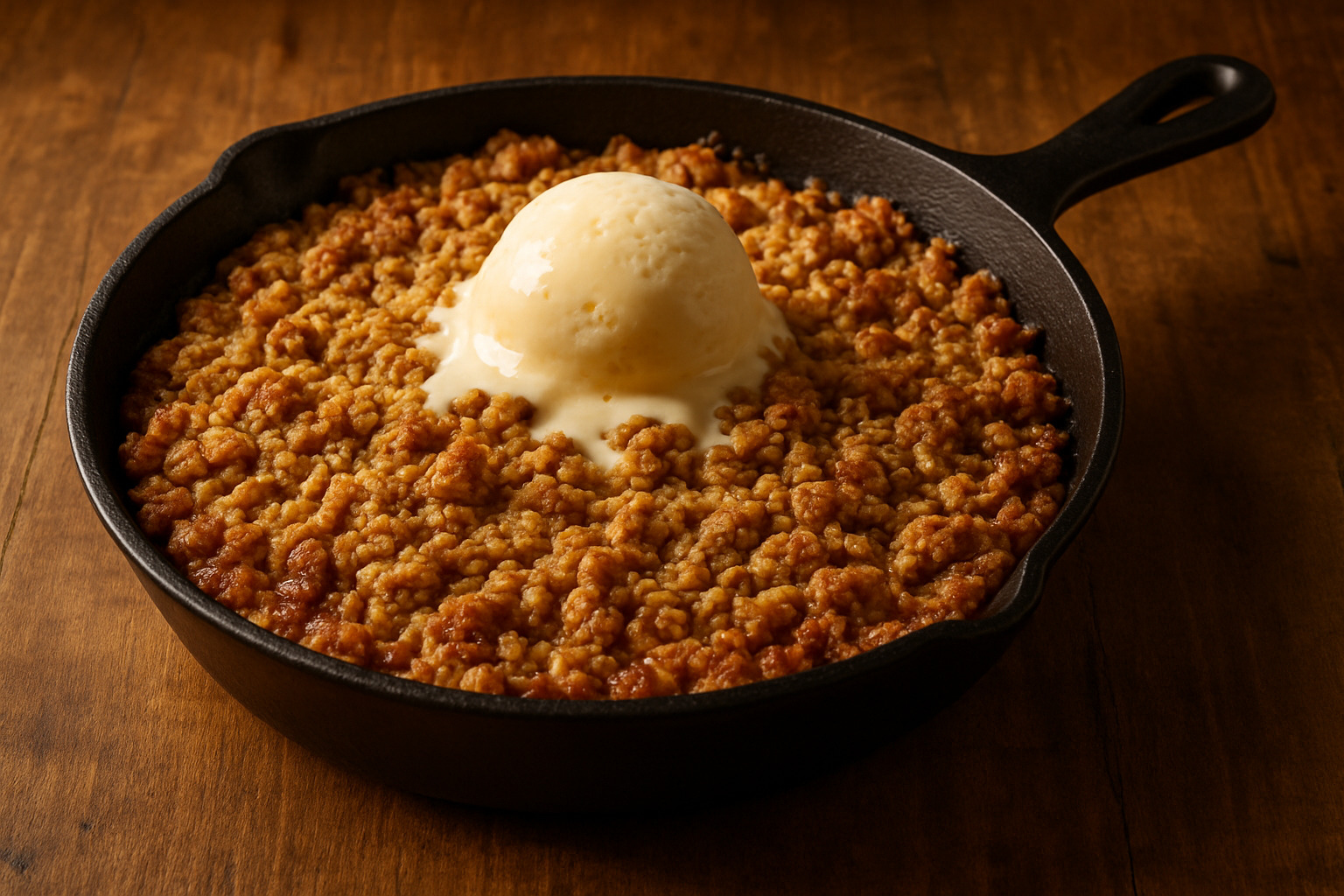 Golden-brown rhubarb crisp in a cast iron skillet topped with oat crumble, served with vanilla ice cream -  rhubarb