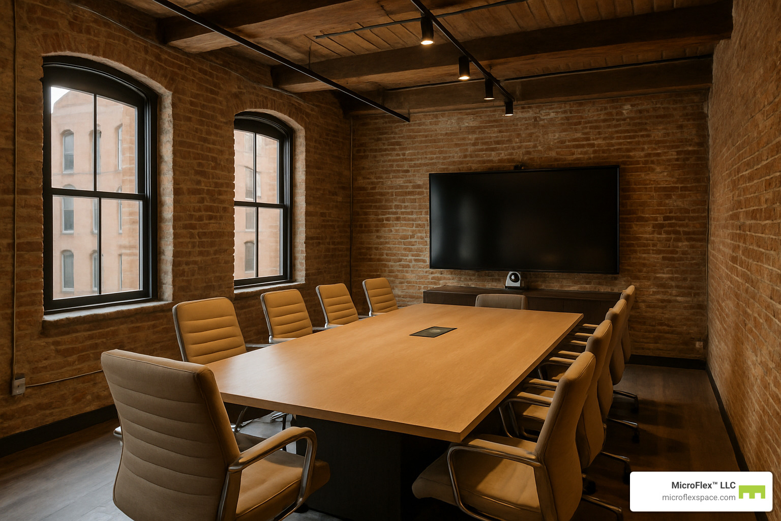 Historic loft conference room with exposed brick walls and modern technology - conference rooms Birmingham AL