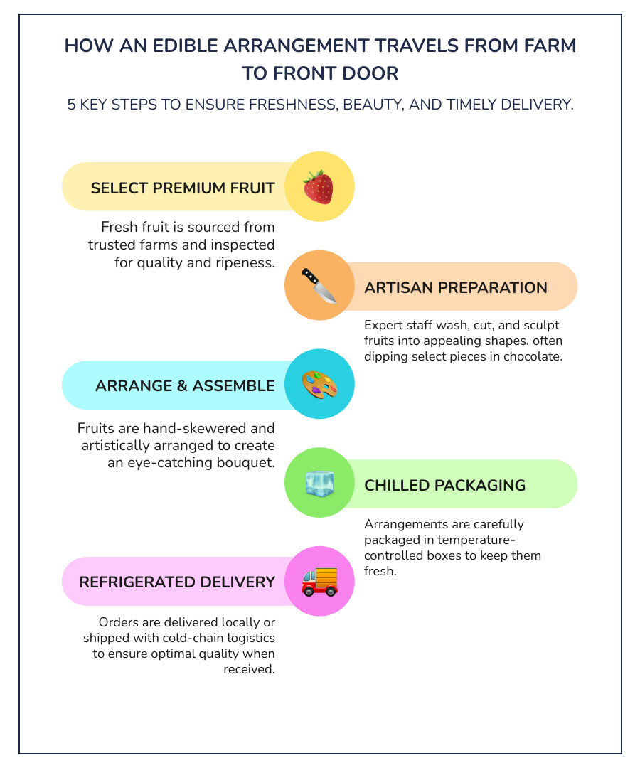 Detailed infographic showing the journey of edible arrangements from farm selection and quality inspection, through sculpting and chocolate-dipping at local stores, to refrigerated delivery and final presentation at the recipient's door - edible arrangements infographic infographic-line-5-steps-colors